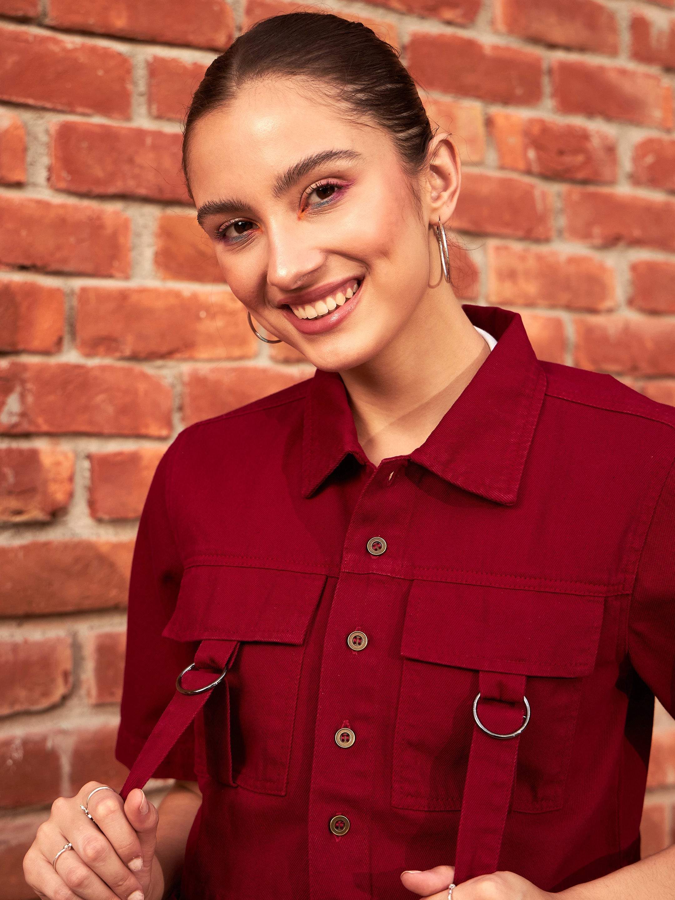 Women's Maroon Denim Front Pocket Crop Shirt - SASSAFRAS