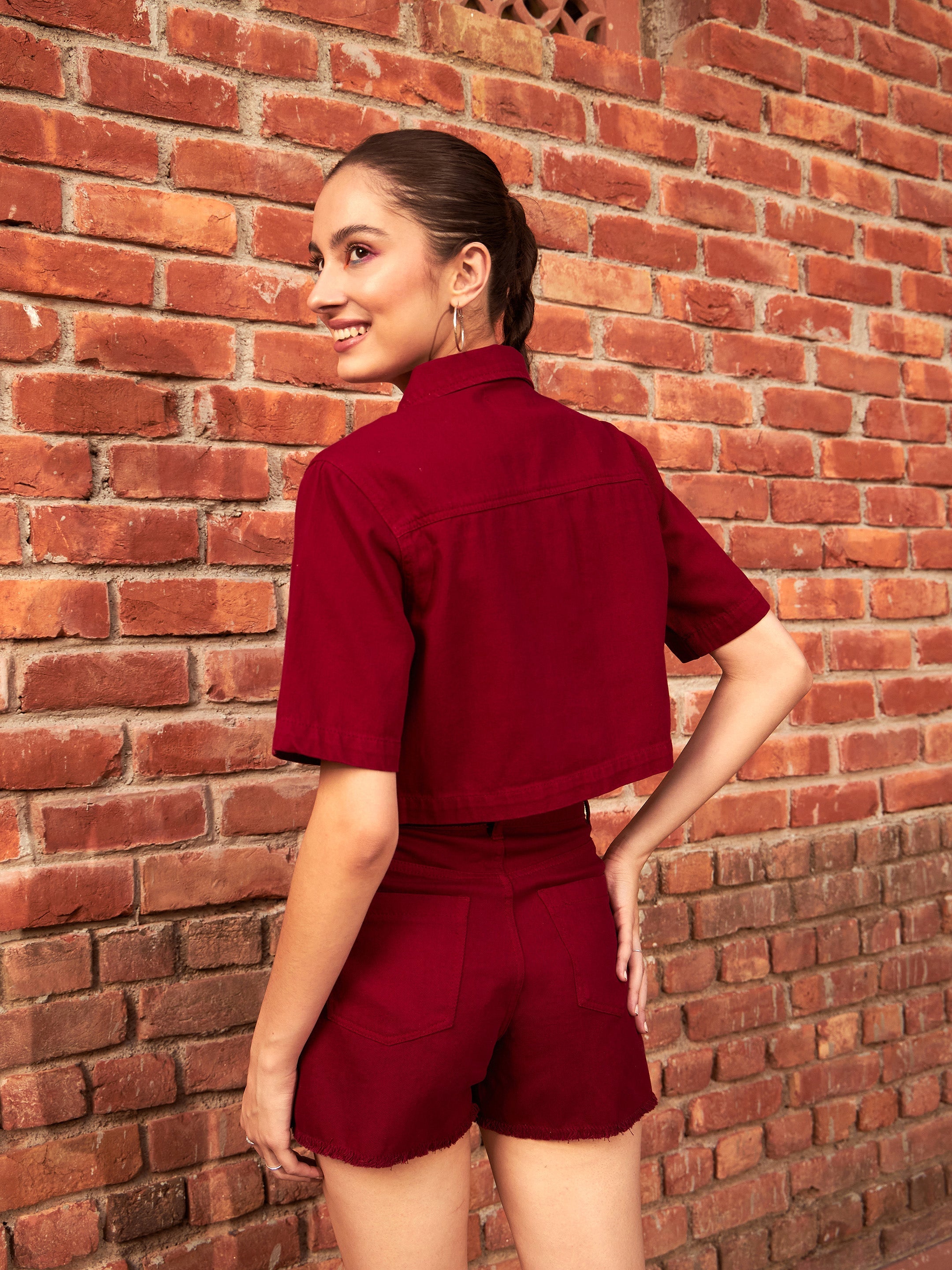Women's Maroon Denim Front Pocket Crop Shirt - SASSAFRAS