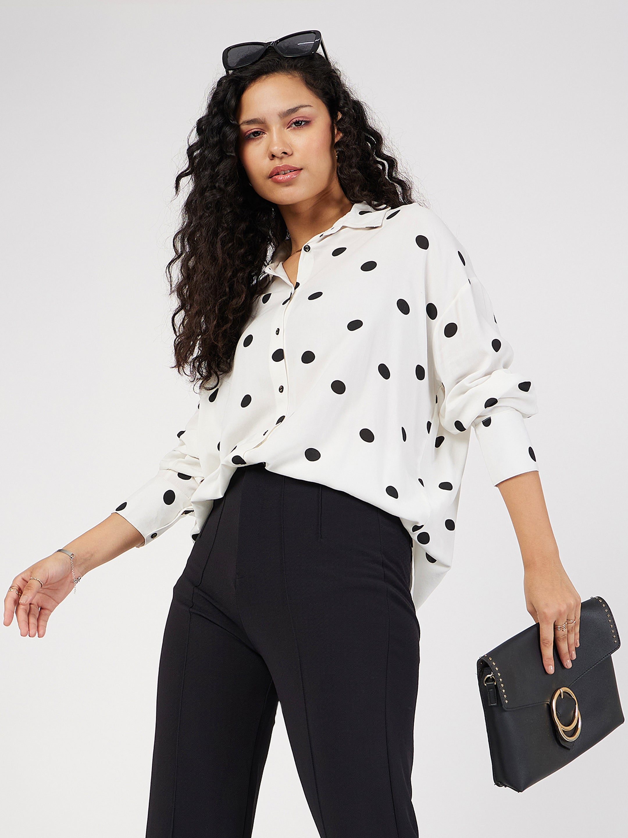 Women's White & Black Polka Dot Oversize Shirt - Lyush
