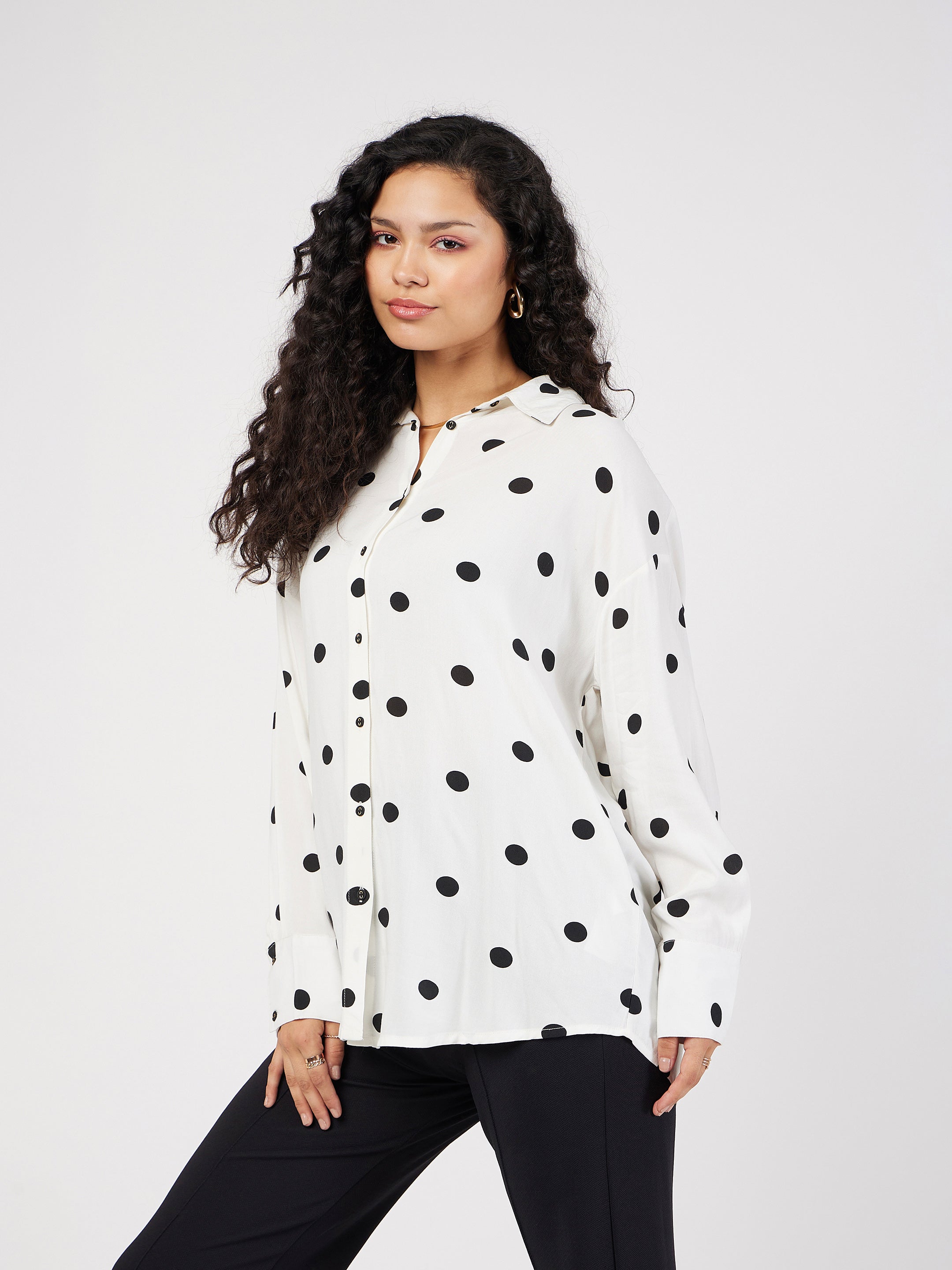 Women's White & Black Polka Dot Oversize Shirt - Lyush