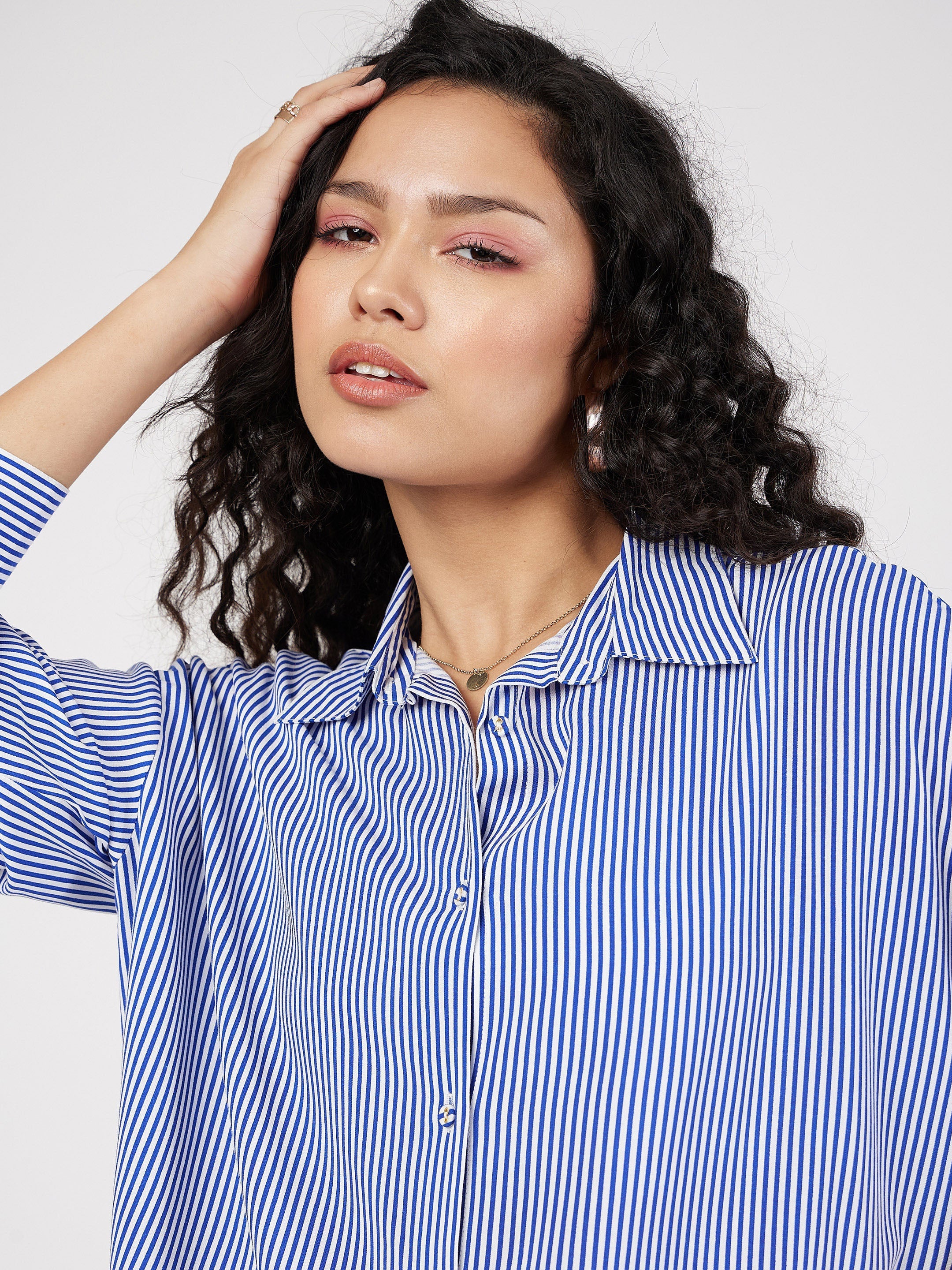 Women's Blue & White Pinstriped Oversize Shirt - Lyush