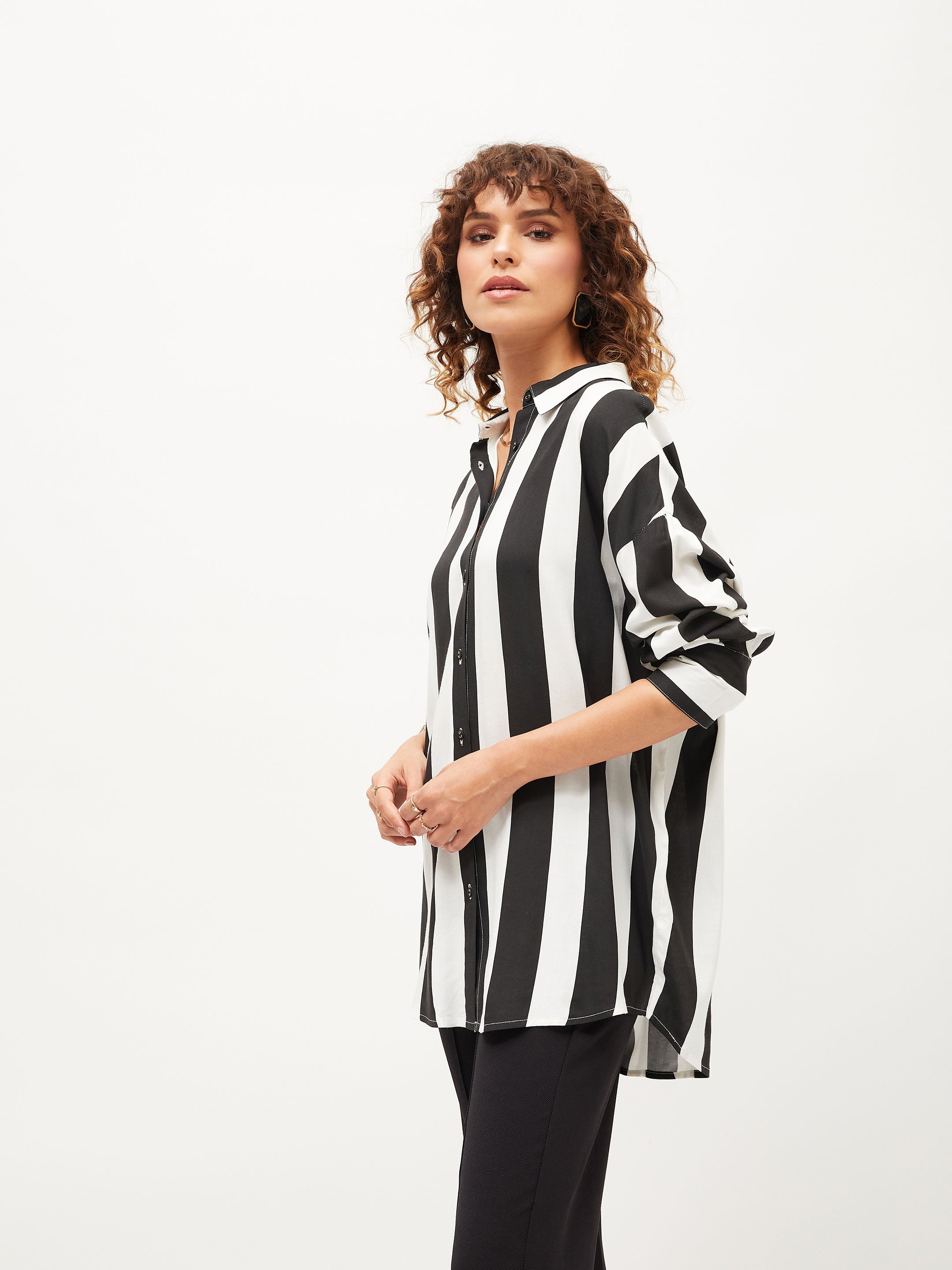 Women's Black & White Striped Oversize Shirt - Lyush