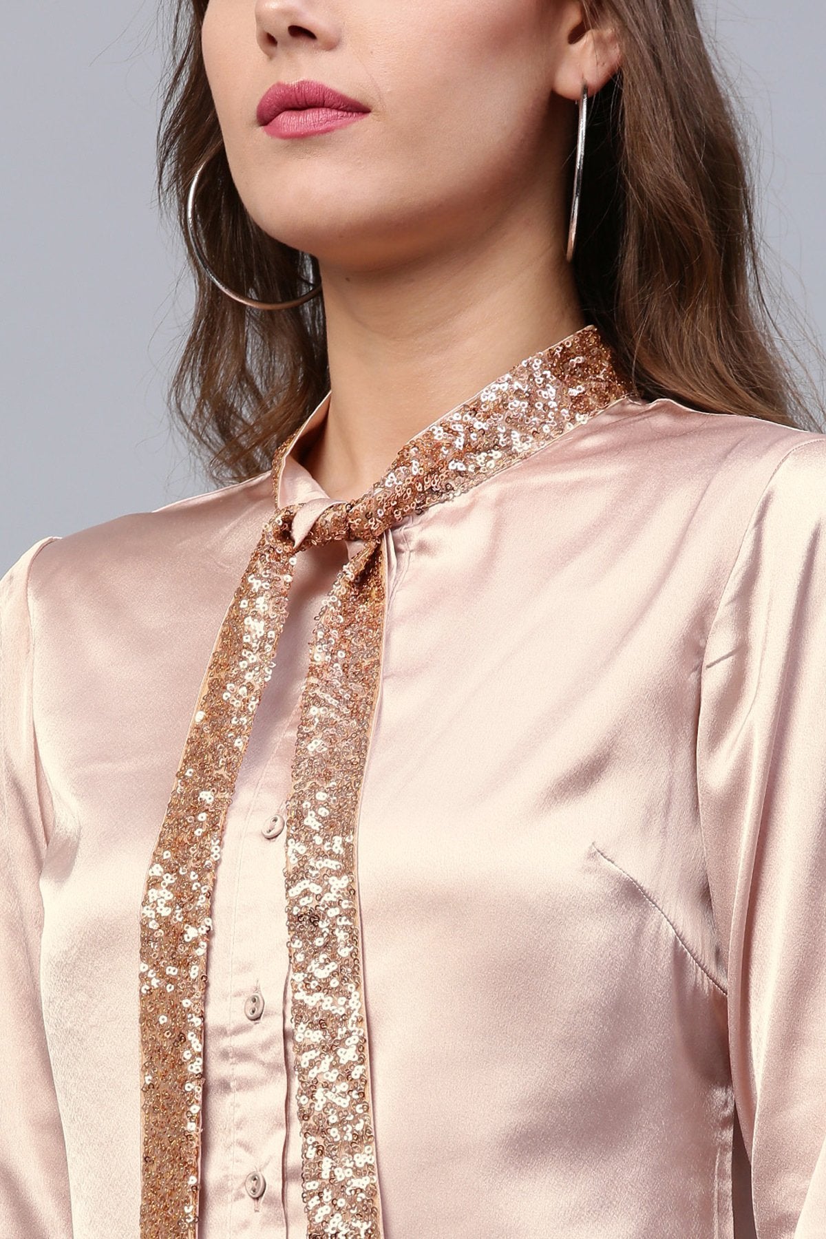 Women's Pink Sequin Neck Tie Satin Shirt - SASSAFRAS