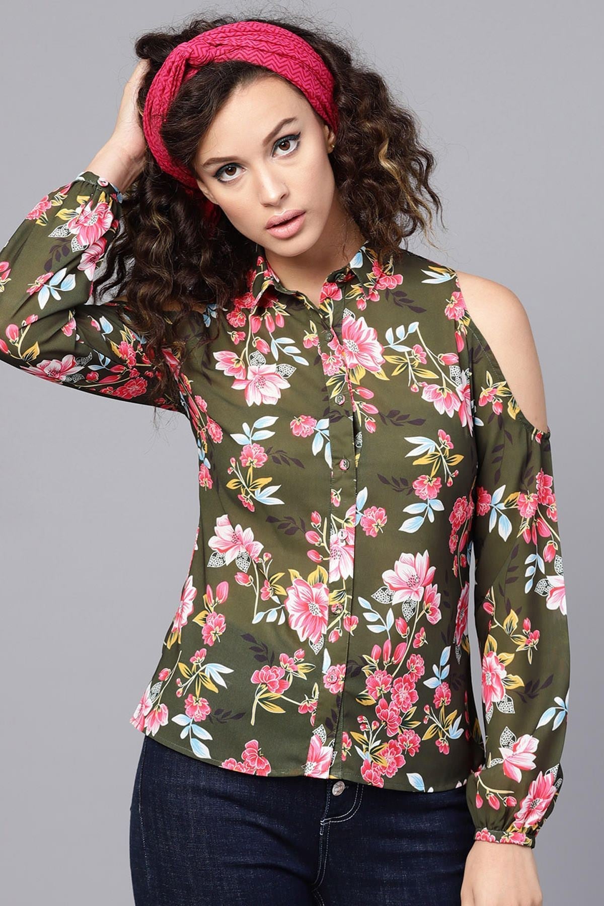 Women's Olive Floral Cold Shoulder Shirt - SASSAFRAS