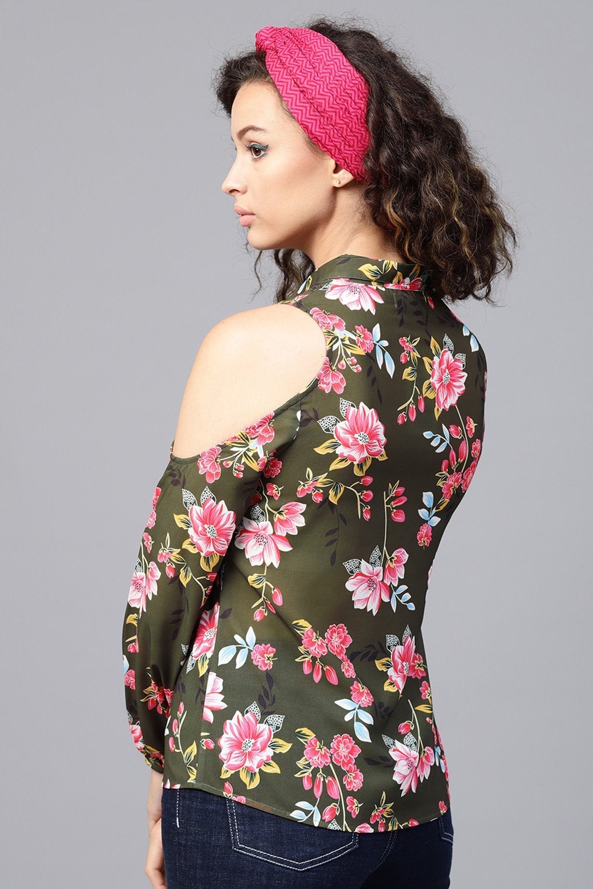 Women's Olive Floral Cold Shoulder Shirt - SASSAFRAS