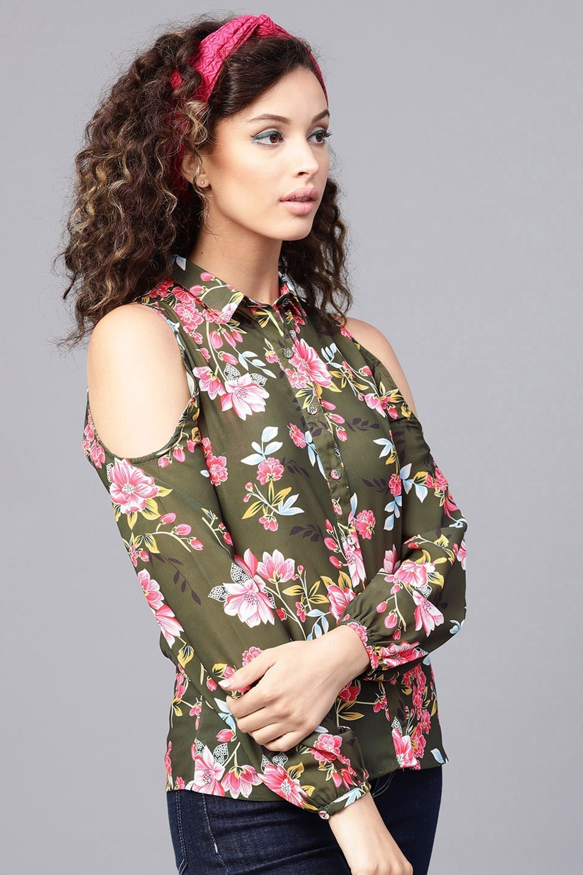 Women's Olive Floral Cold Shoulder Shirt - SASSAFRAS