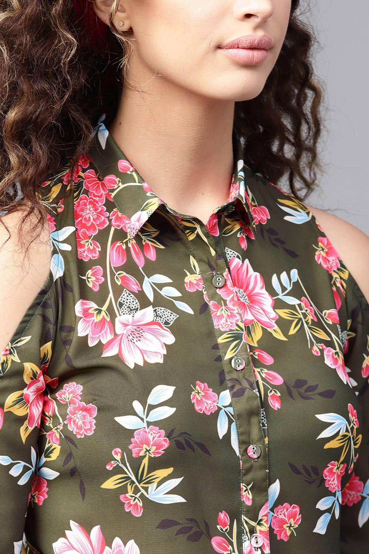 Women's Olive Floral Cold Shoulder Shirt - SASSAFRAS