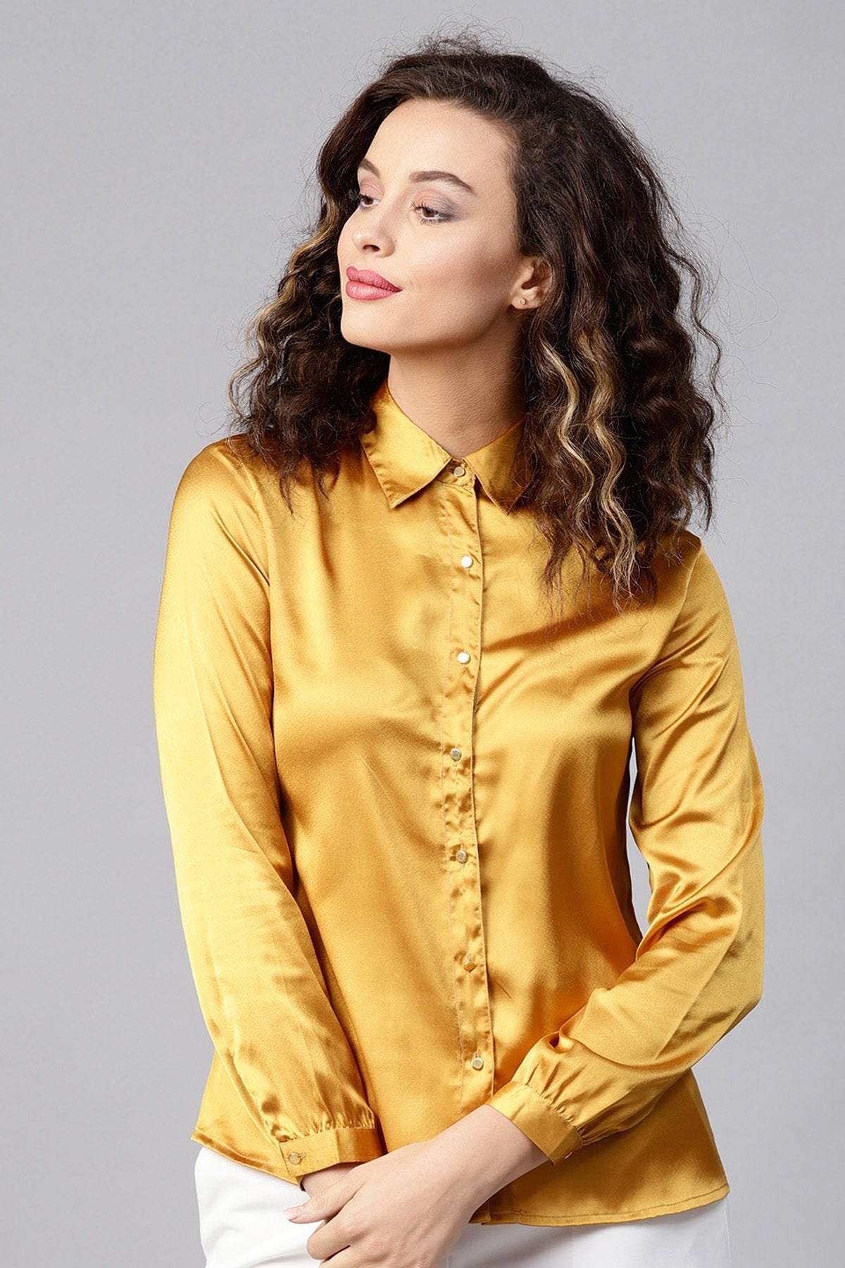 Women's Mustard Satin Shirt - SASSAFRAS