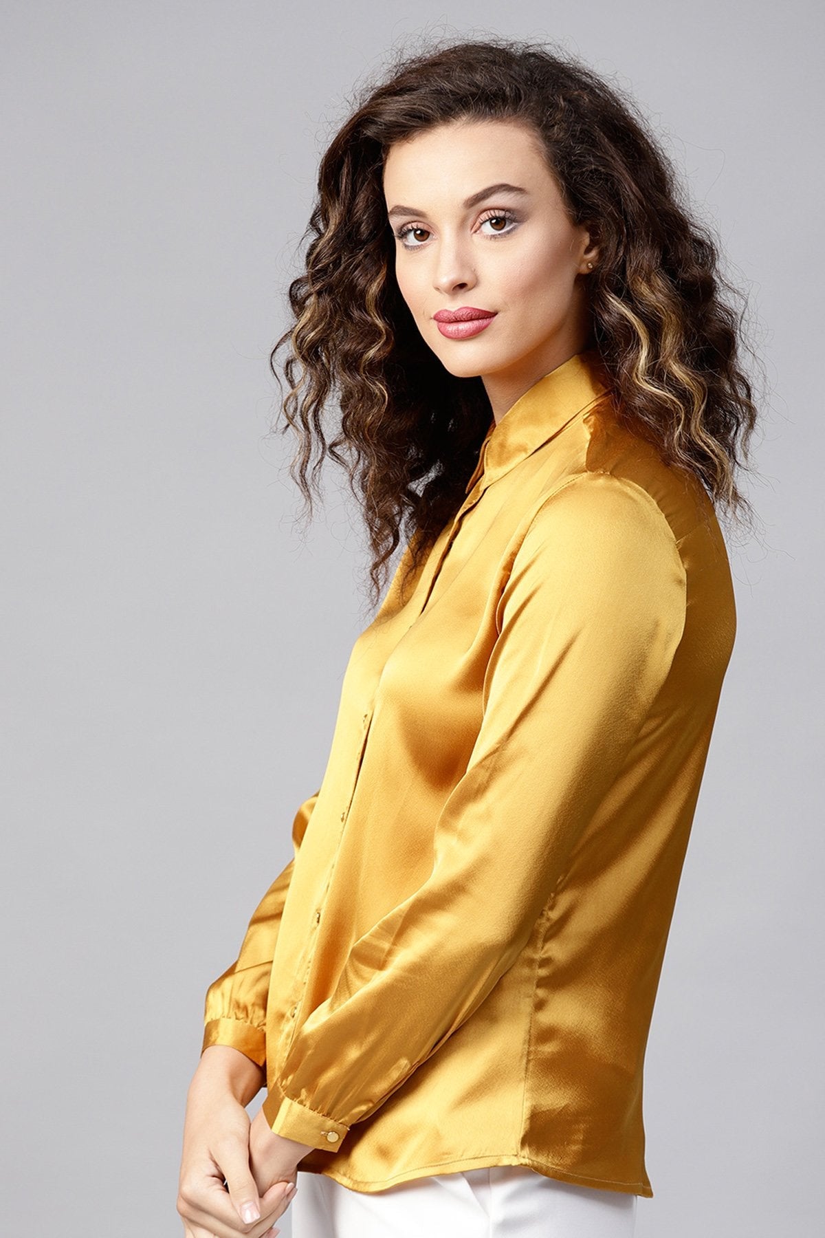 Women's Mustard Satin Shirt - SASSAFRAS