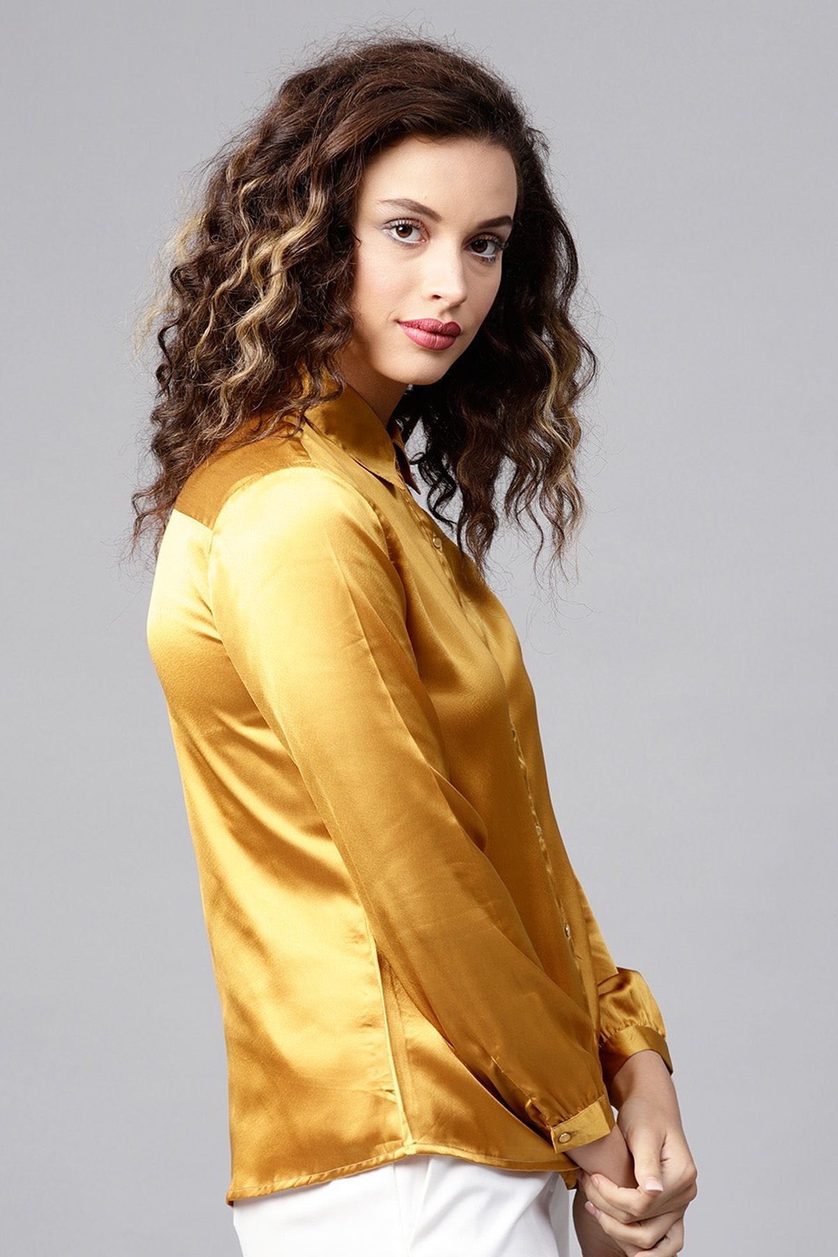 Women's Mustard Satin Shirt - SASSAFRAS