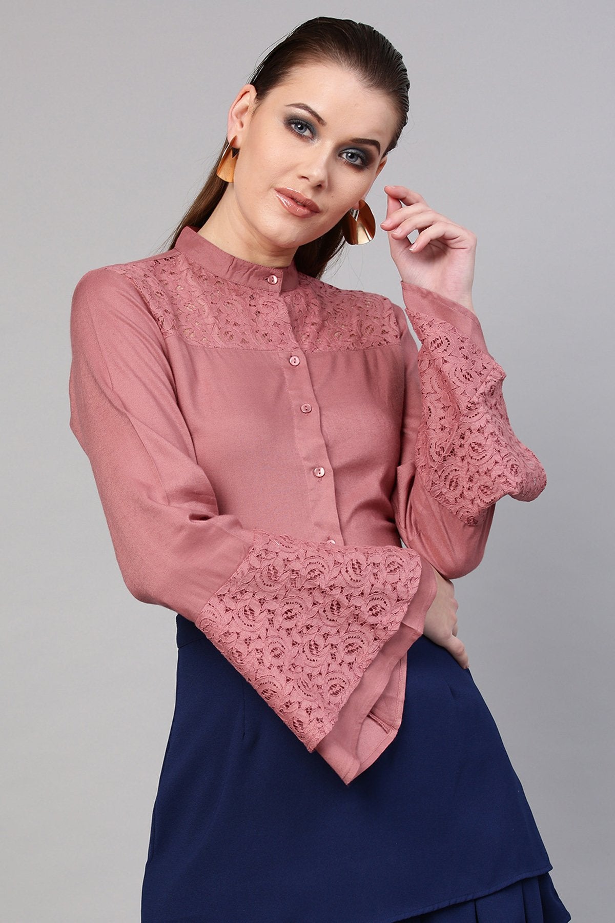 Women's Onion Pink Lace Yoke Shirt - SASSAFRAS