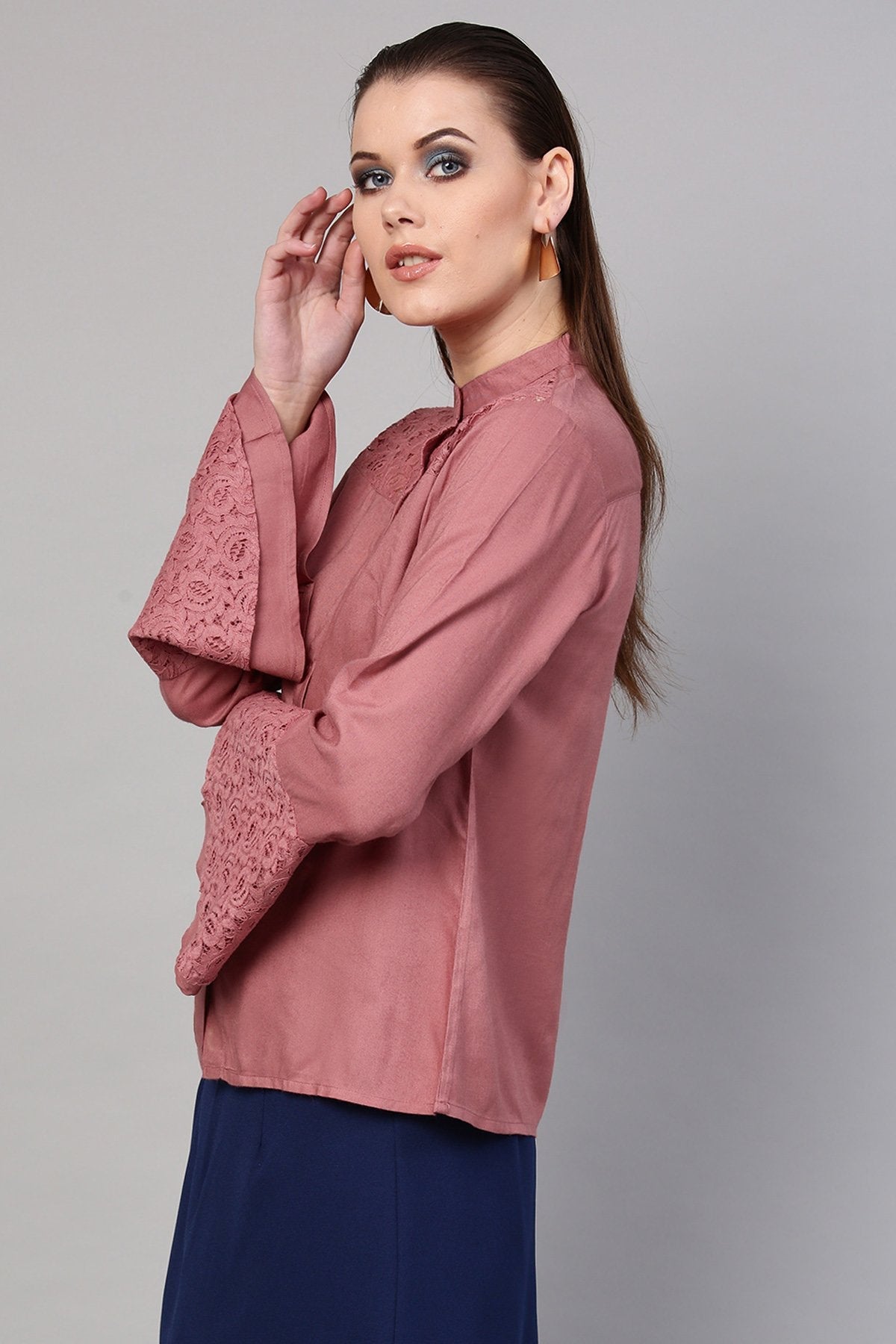 Women's Onion Pink Lace Yoke Shirt - SASSAFRAS