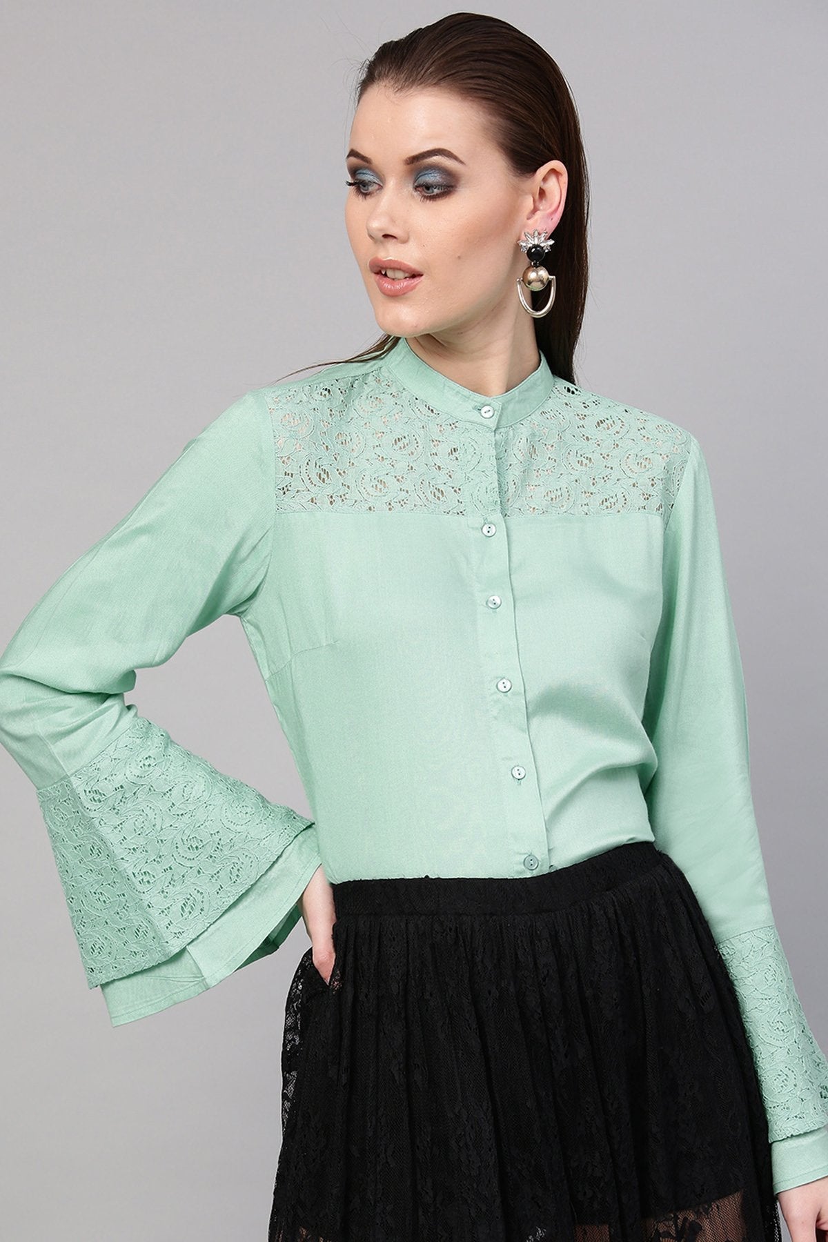 Women's Mint Blue Lace Yoke Shirt - SASSAFRAS