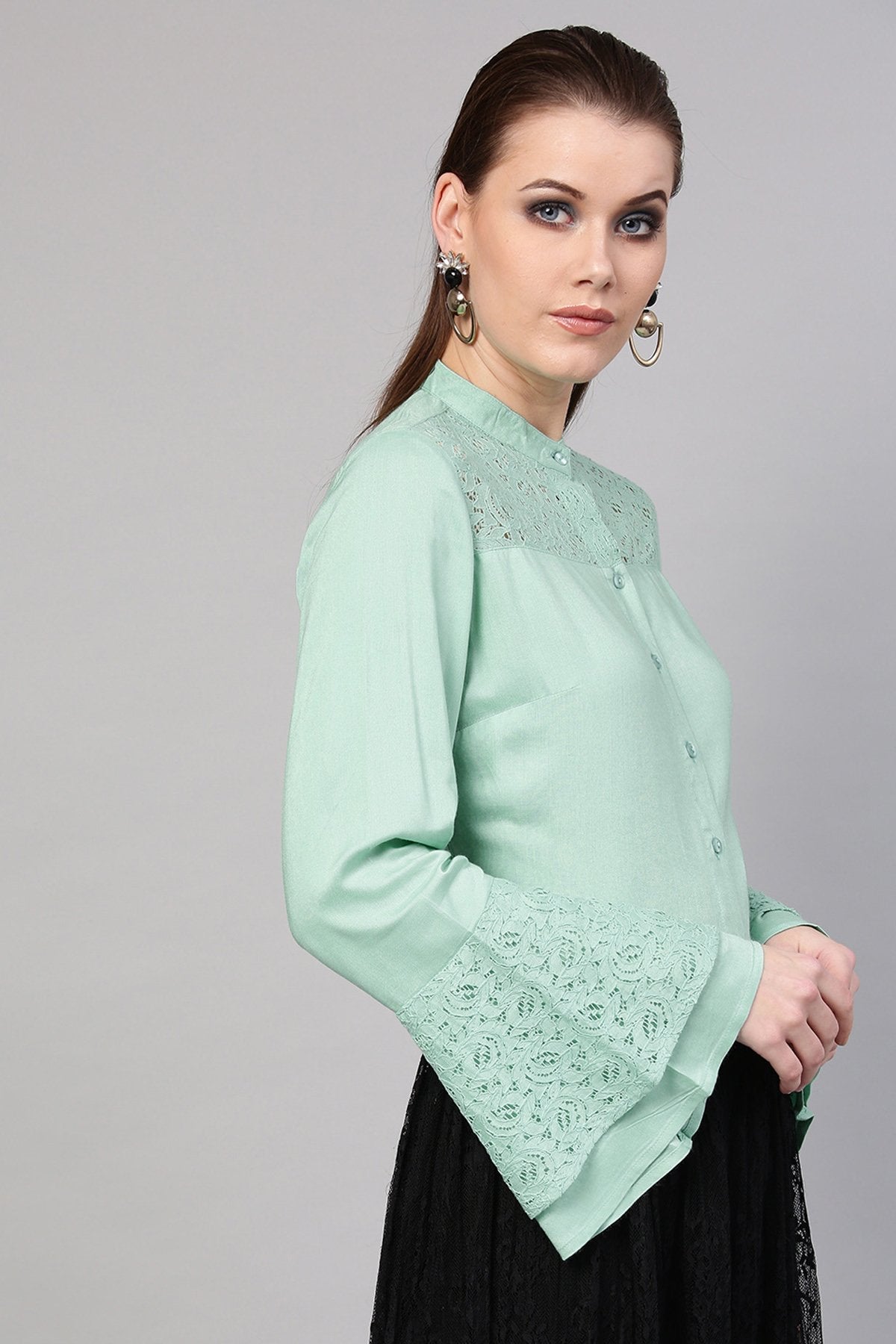 Women's Mint Blue Lace Yoke Shirt - SASSAFRAS