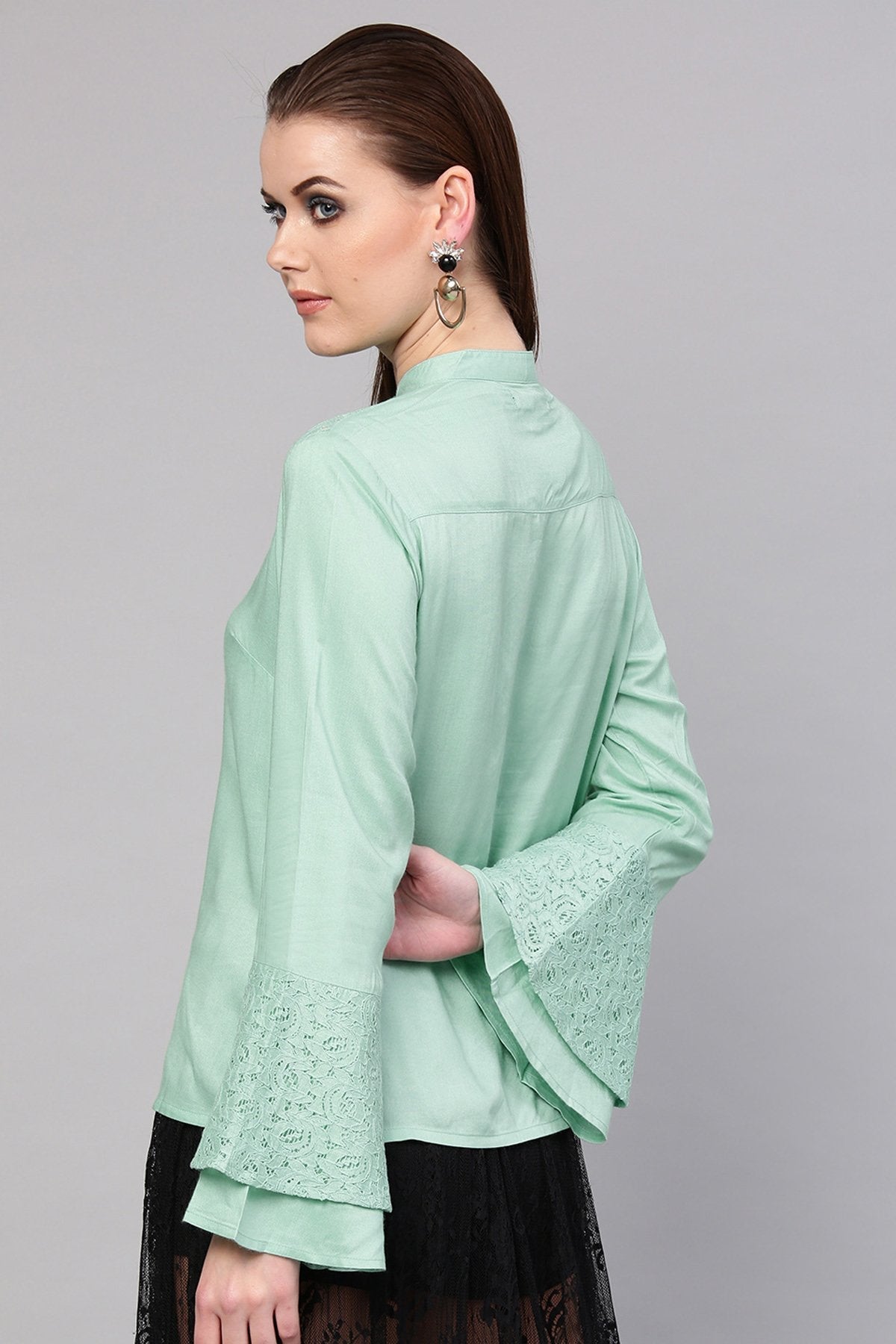 Women's Mint Blue Lace Yoke Shirt - SASSAFRAS