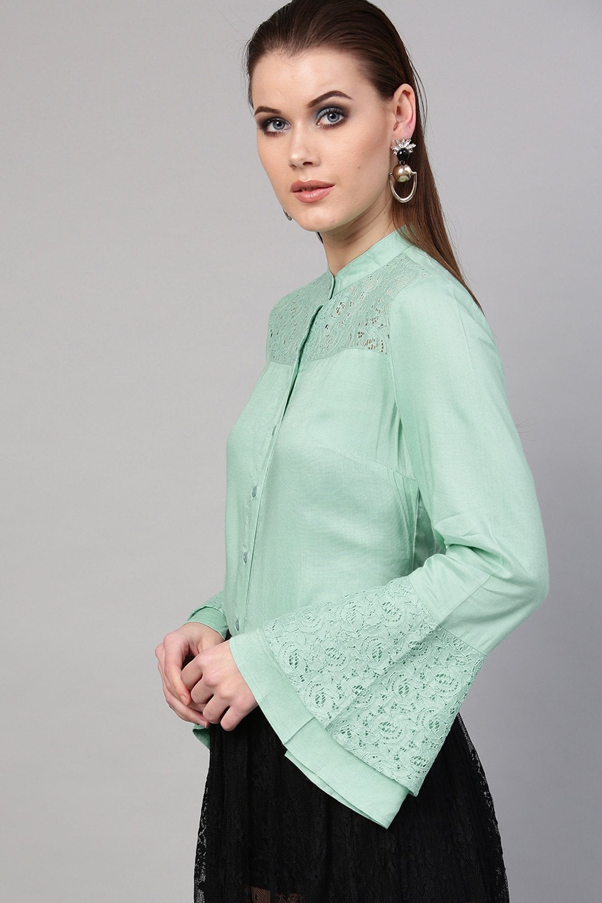 Women's Mint Blue Lace Yoke Shirt - SASSAFRAS