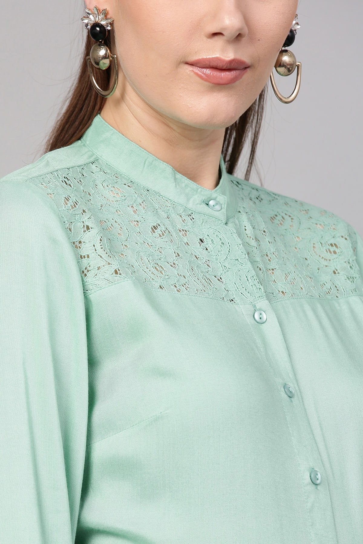 Women's Mint Blue Lace Yoke Shirt - SASSAFRAS