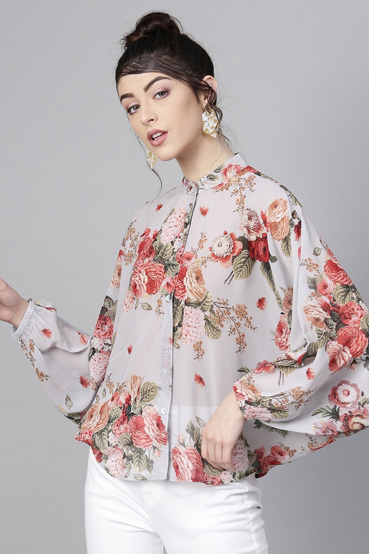 Women's Grey Floral Kimono Shirt - SASSAFRAS