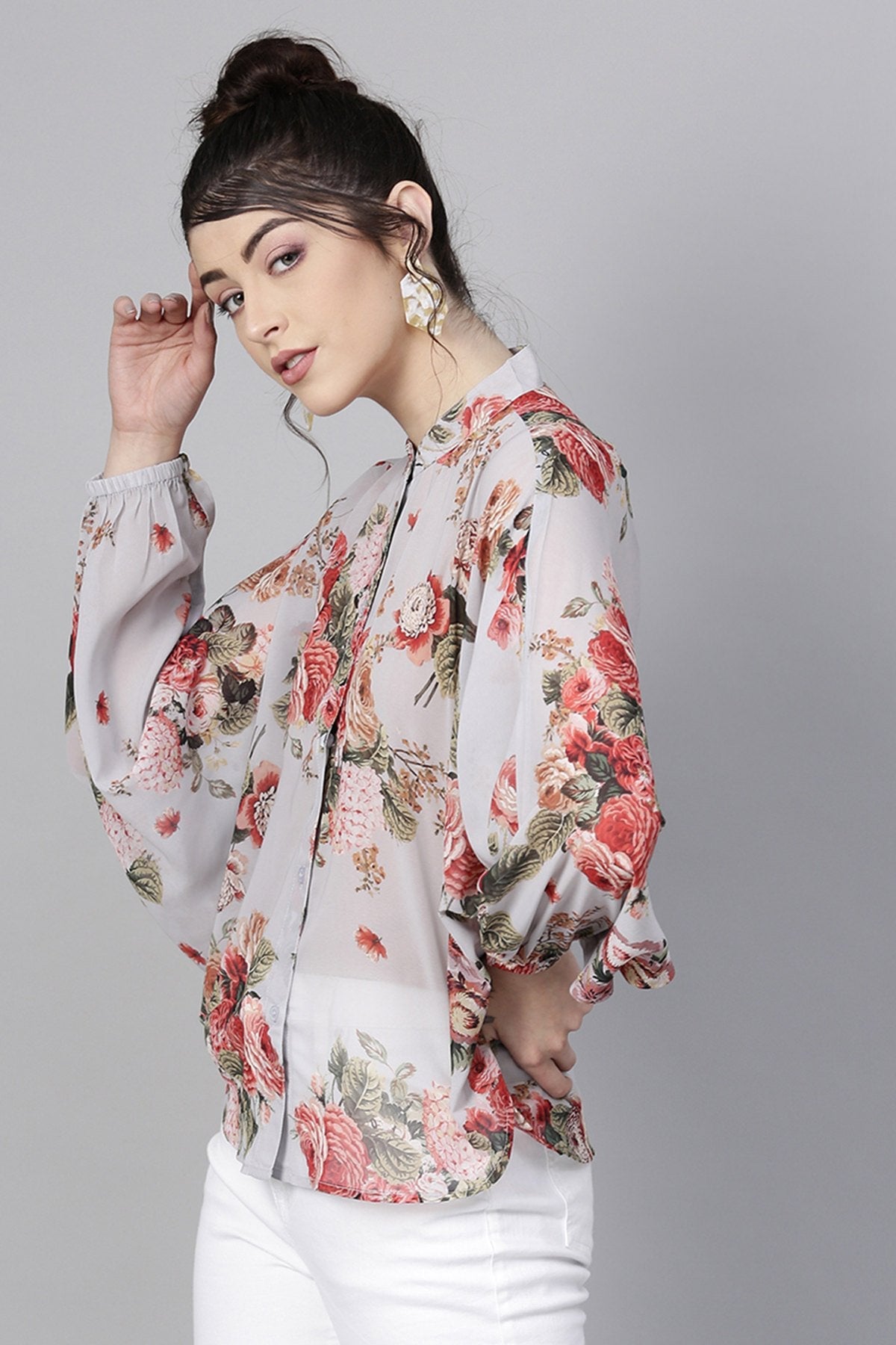 Women's Grey Floral Kimono Shirt - SASSAFRAS