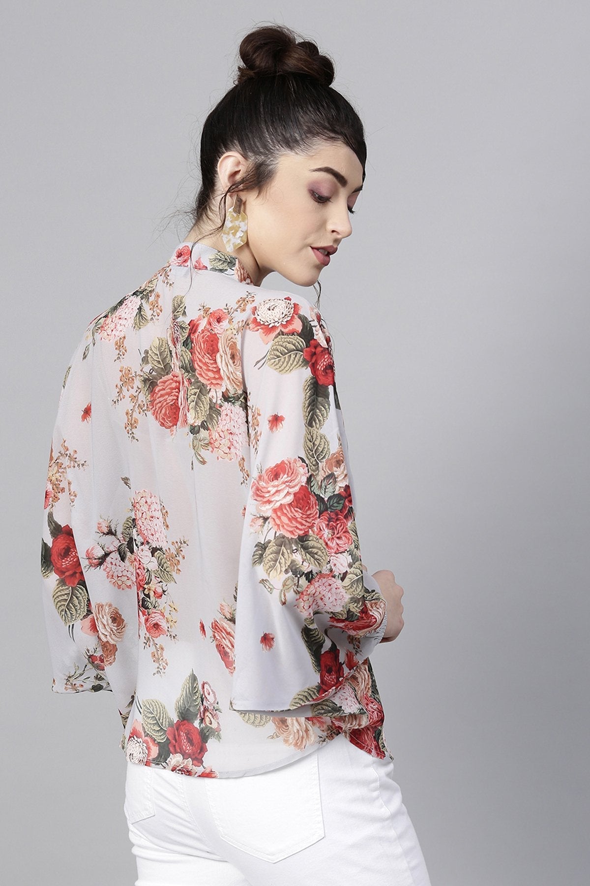 Women's Grey Floral Kimono Shirt - SASSAFRAS