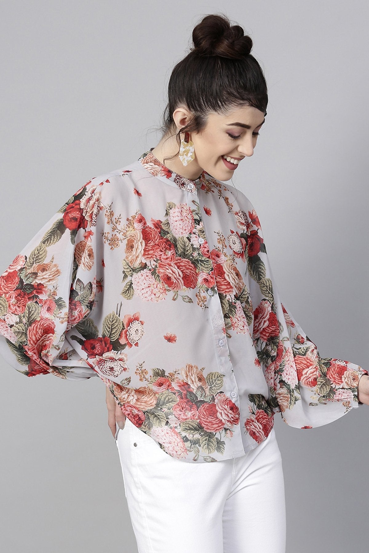 Women's Grey Floral Kimono Shirt - SASSAFRAS