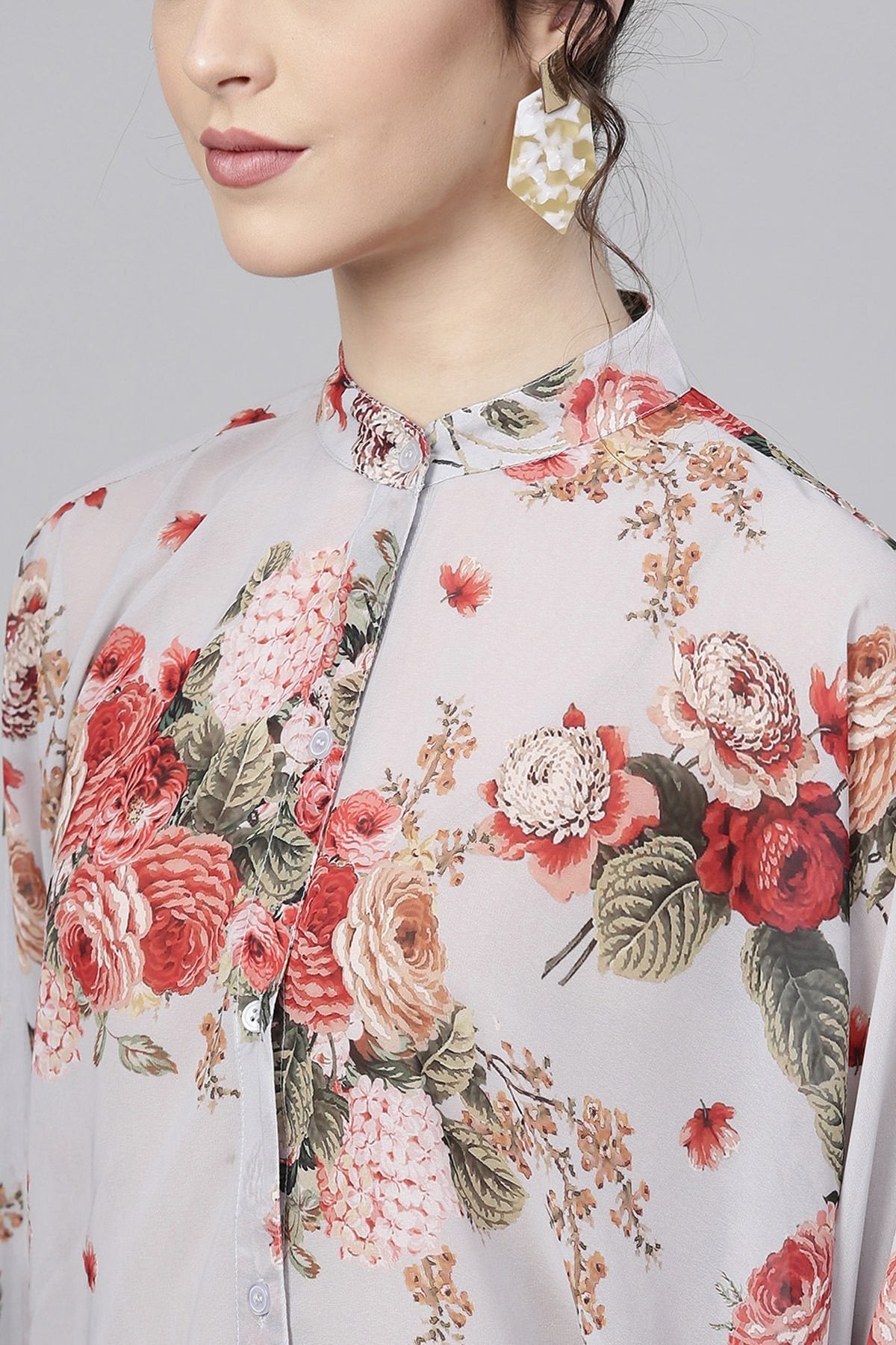 Women's Grey Floral Kimono Shirt - SASSAFRAS