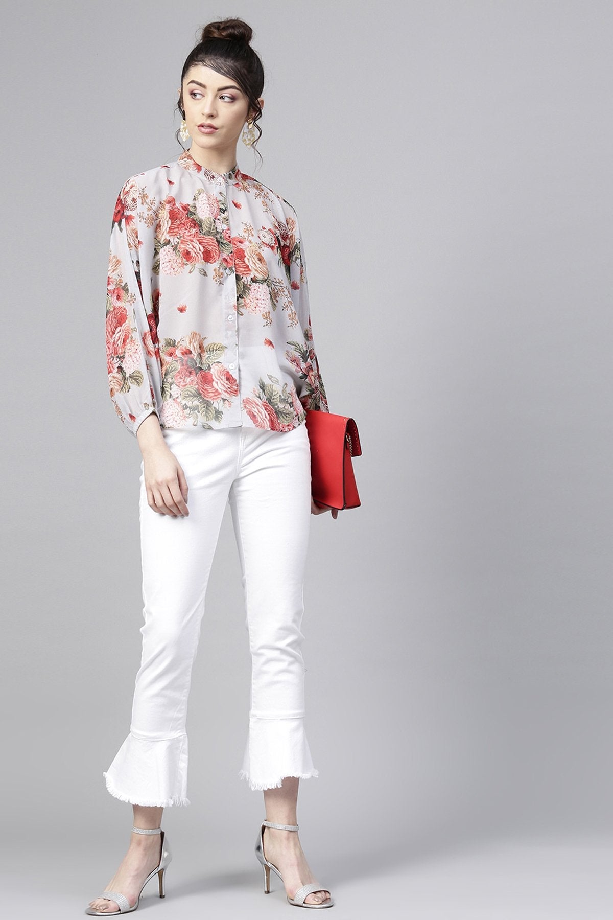 Women's Grey Floral Kimono Shirt - SASSAFRAS