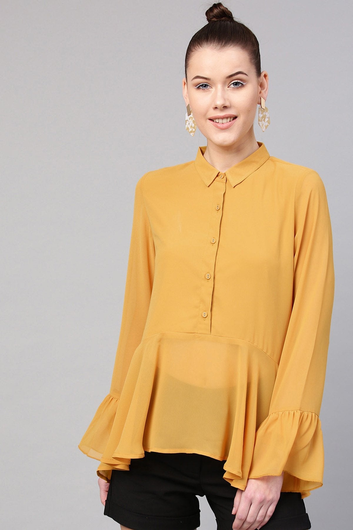 Women's Mustard Ruffled Hemline Shirt - SASSAFRAS