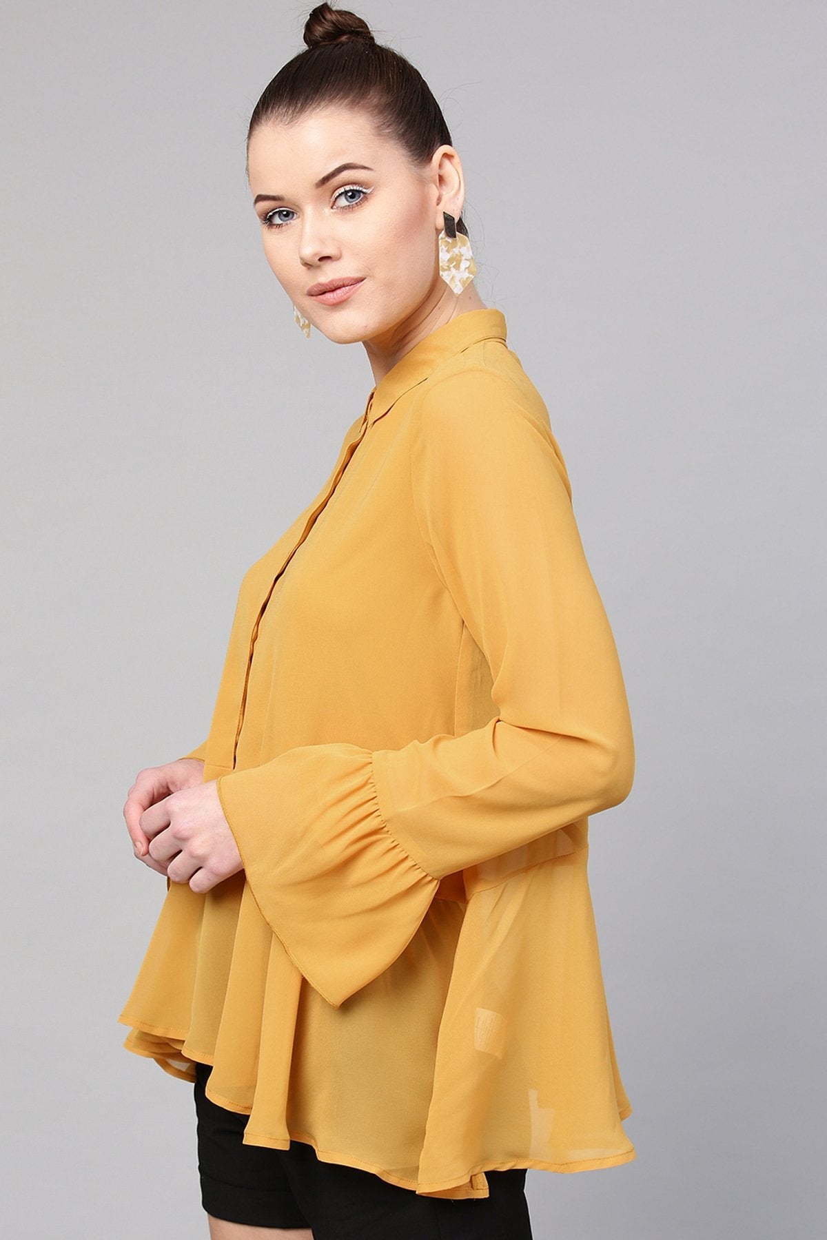 Women's Mustard Ruffled Hemline Shirt - SASSAFRAS