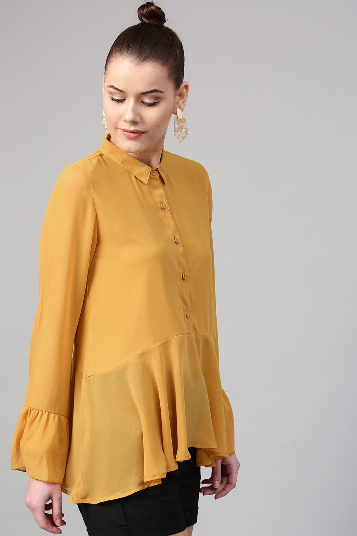 Women's Mustard Ruffled Hemline Shirt - SASSAFRAS