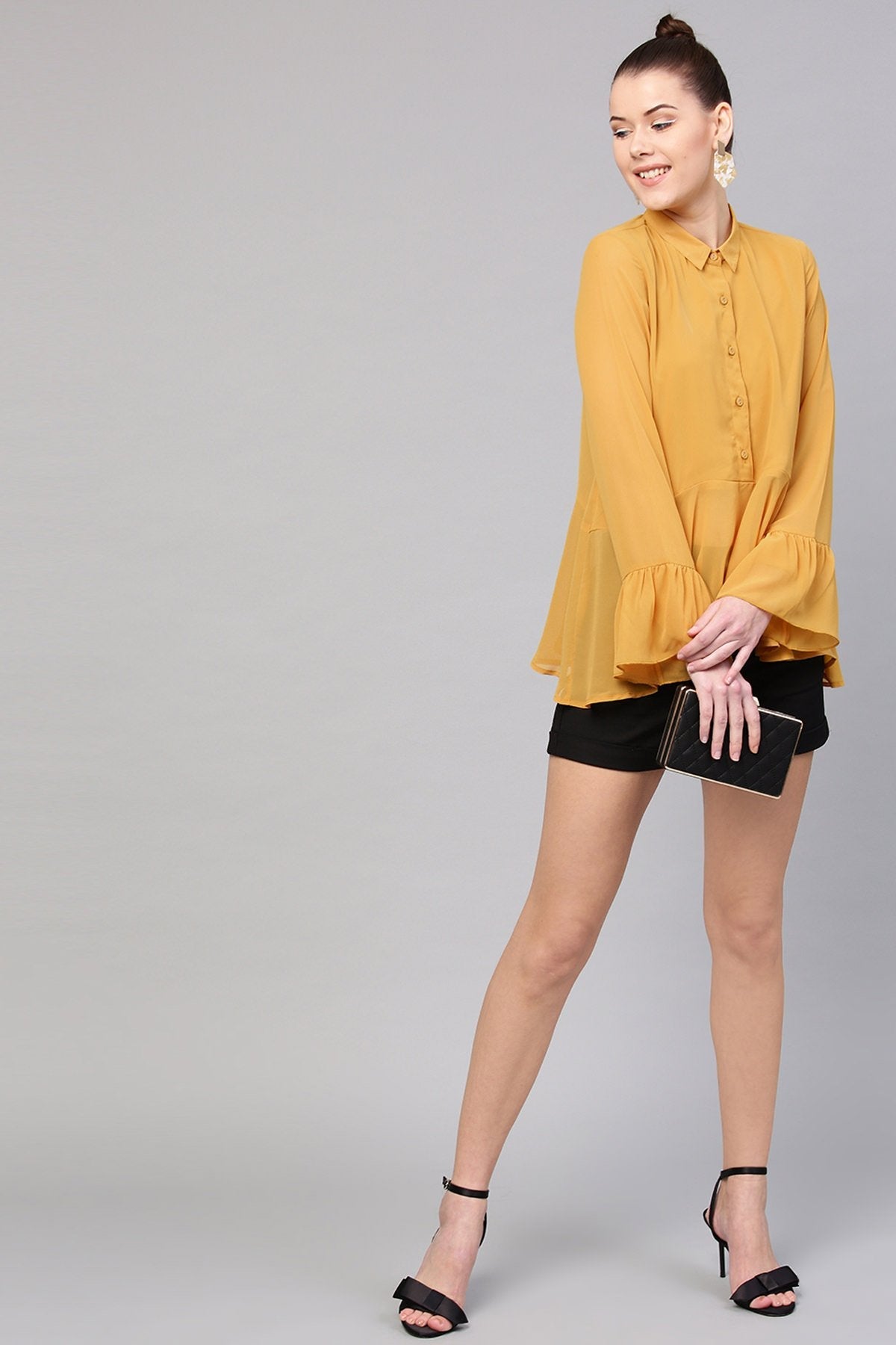 Women's Mustard Ruffled Hemline Shirt - SASSAFRAS