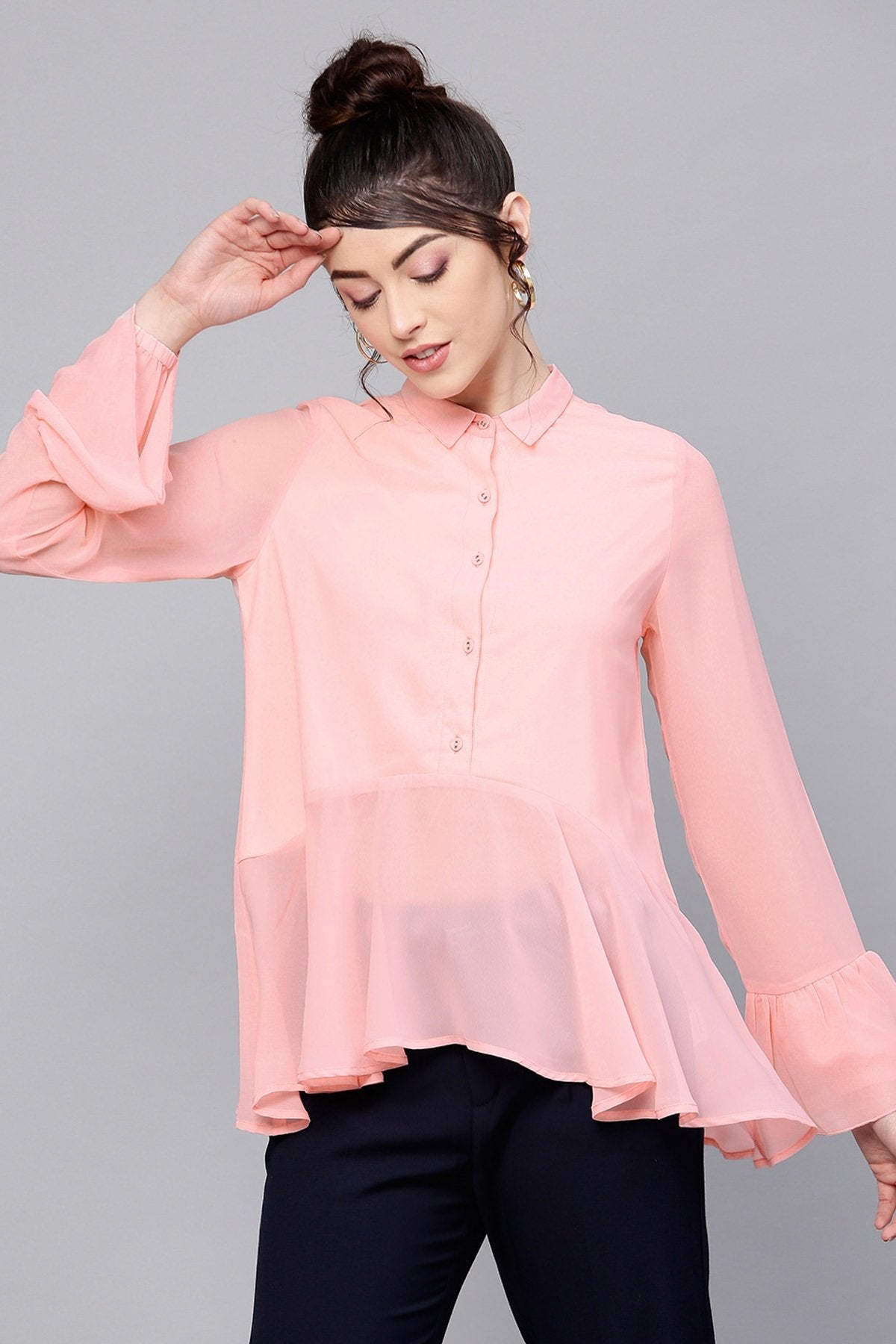 Women's Pink Ruffled Hemline Shirt - SASSAFRAS