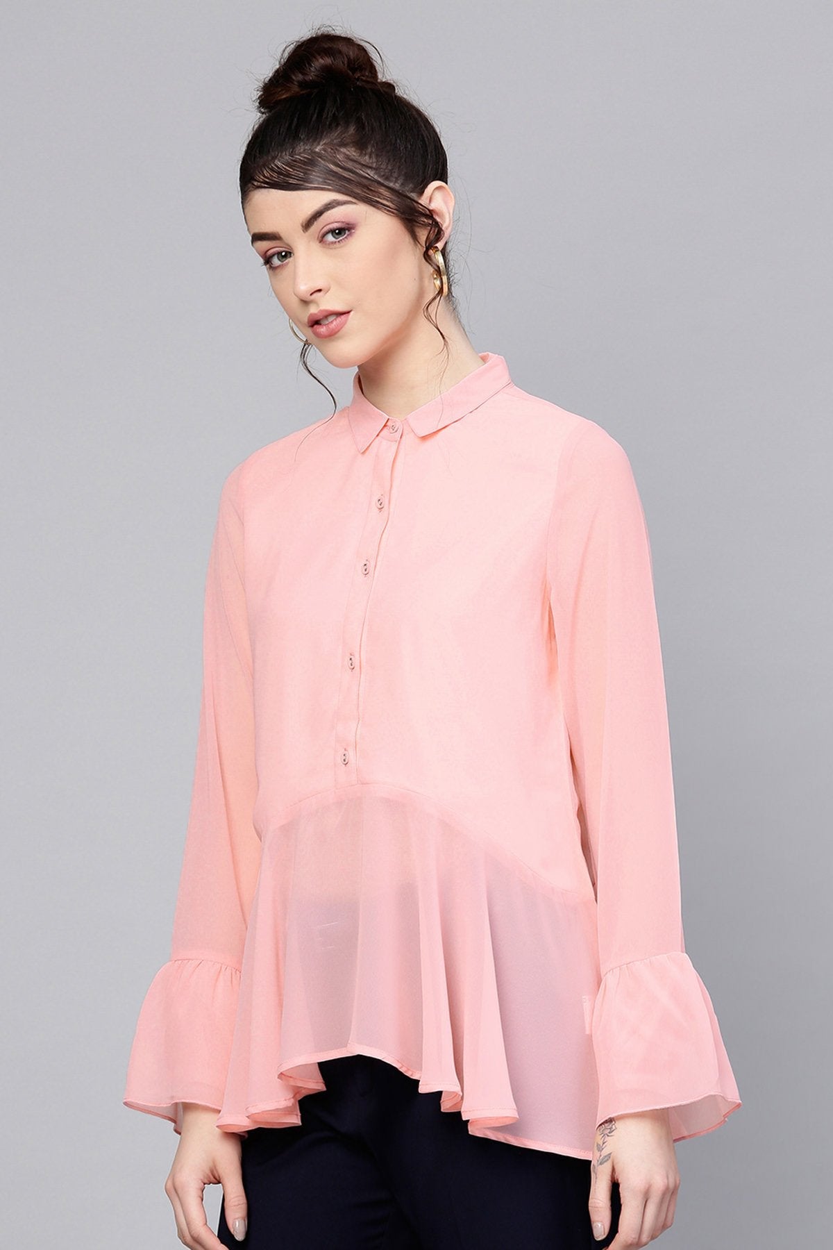 Women's Pink Ruffled Hemline Shirt - SASSAFRAS