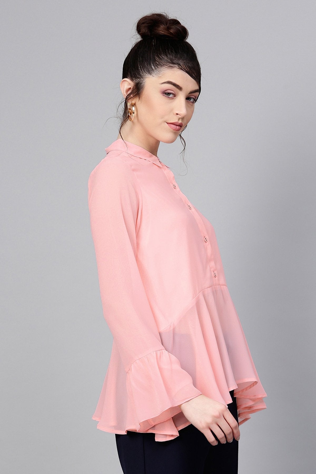 Women's Pink Ruffled Hemline Shirt - SASSAFRAS