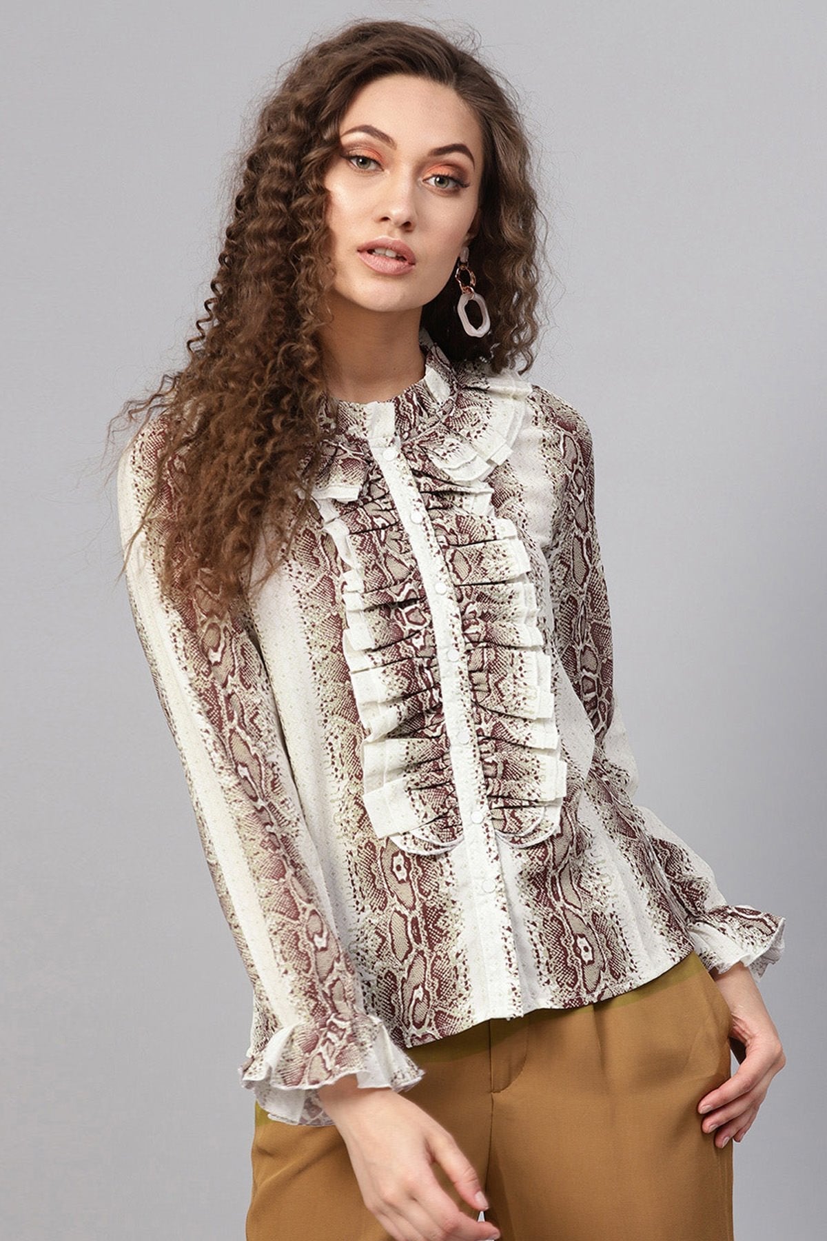 Women's Brown Snake Cascading Ruffles Shirt - SASSAFRAS