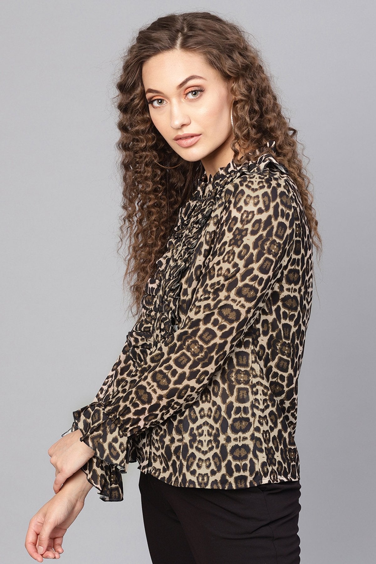 Women's Black Cheetah Cascading Ruffles Shirt - SASSAFRAS