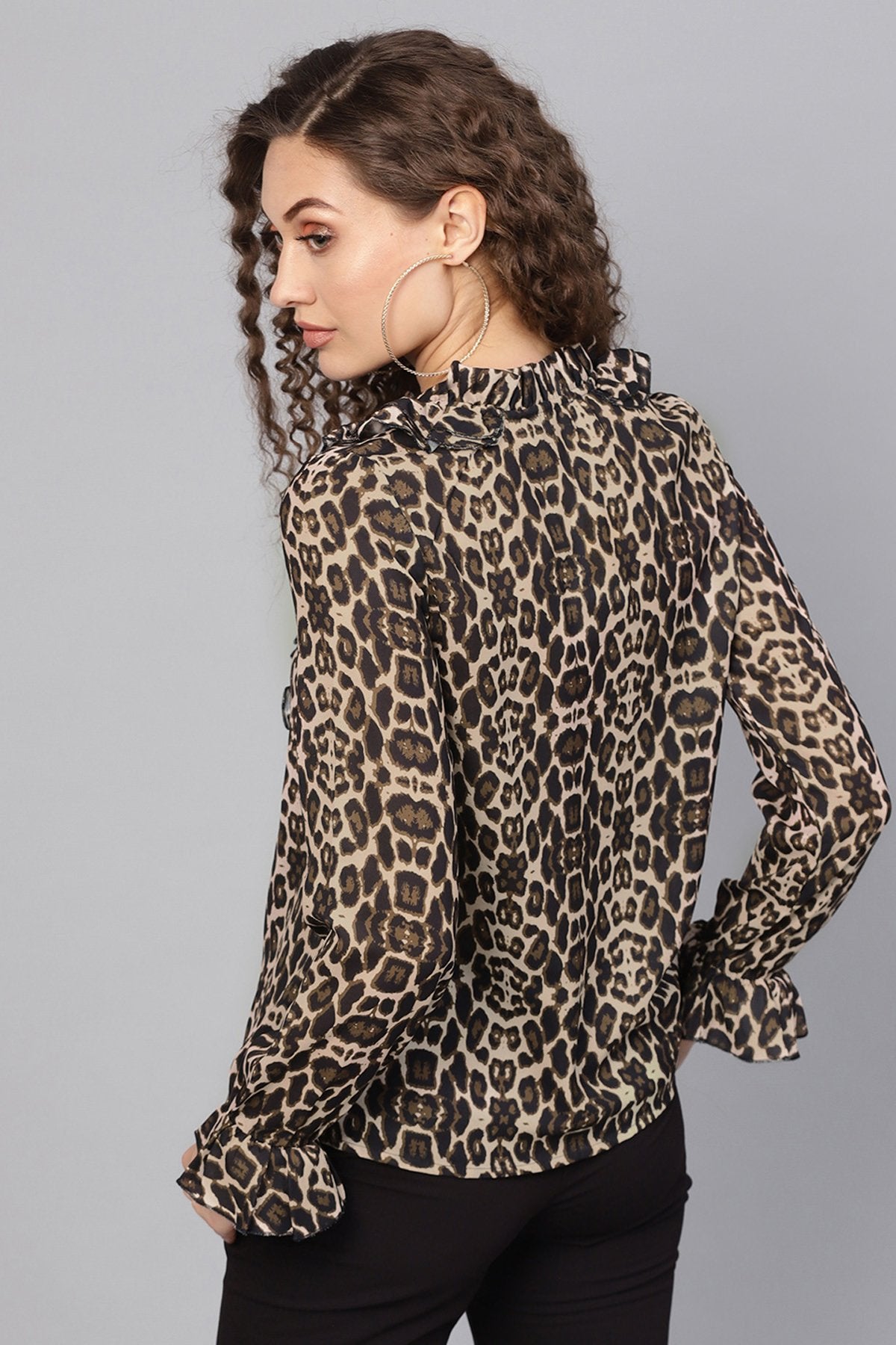 Women's Black Cheetah Cascading Ruffles Shirt - SASSAFRAS