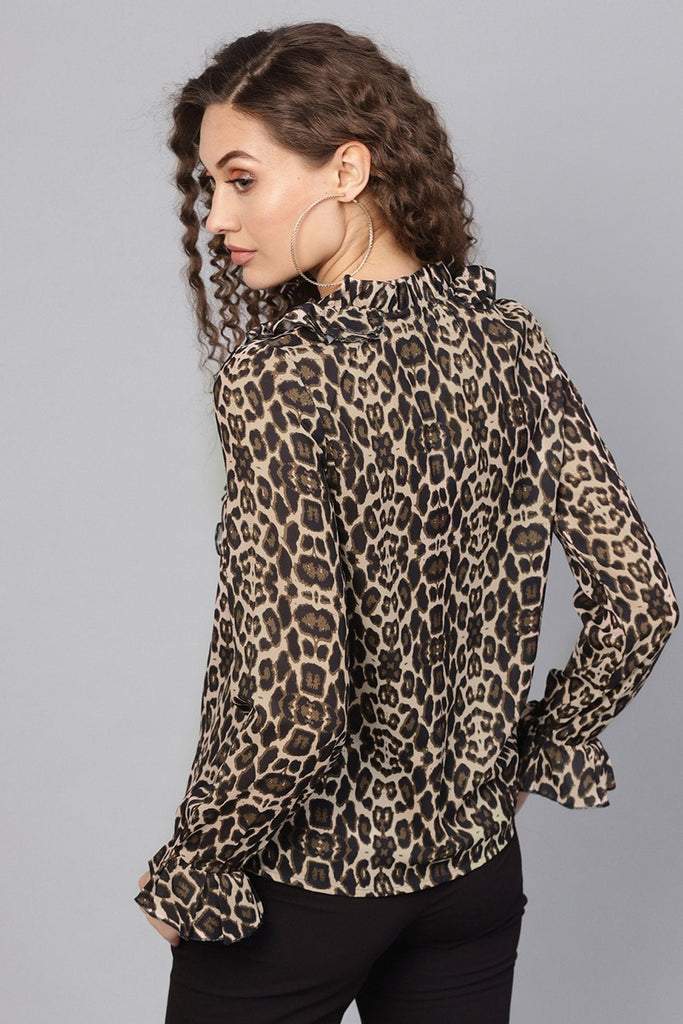 Women's Black Cheetah Cascading Ruffles Shirt