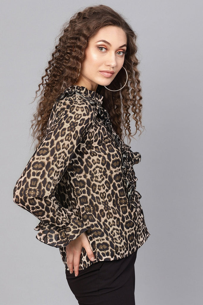 Women's Black Cheetah Cascading Ruffles Shirt