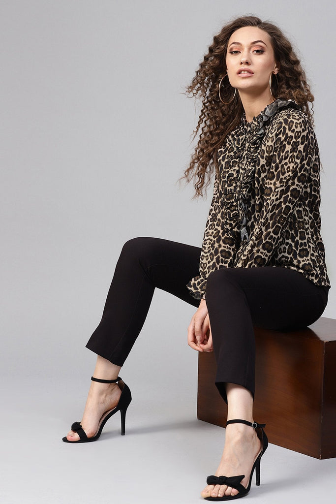Women's Black Cheetah Cascading Ruffles Shirt