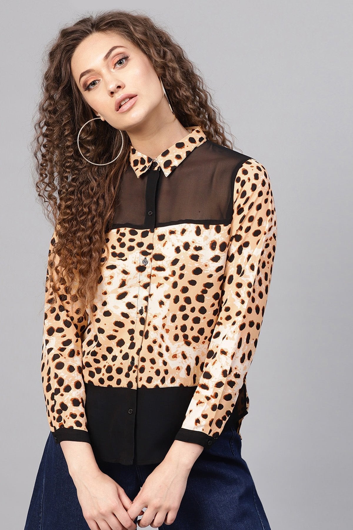 Women's Beige Leopard Wrap Back Shirt - SASSAFRAS