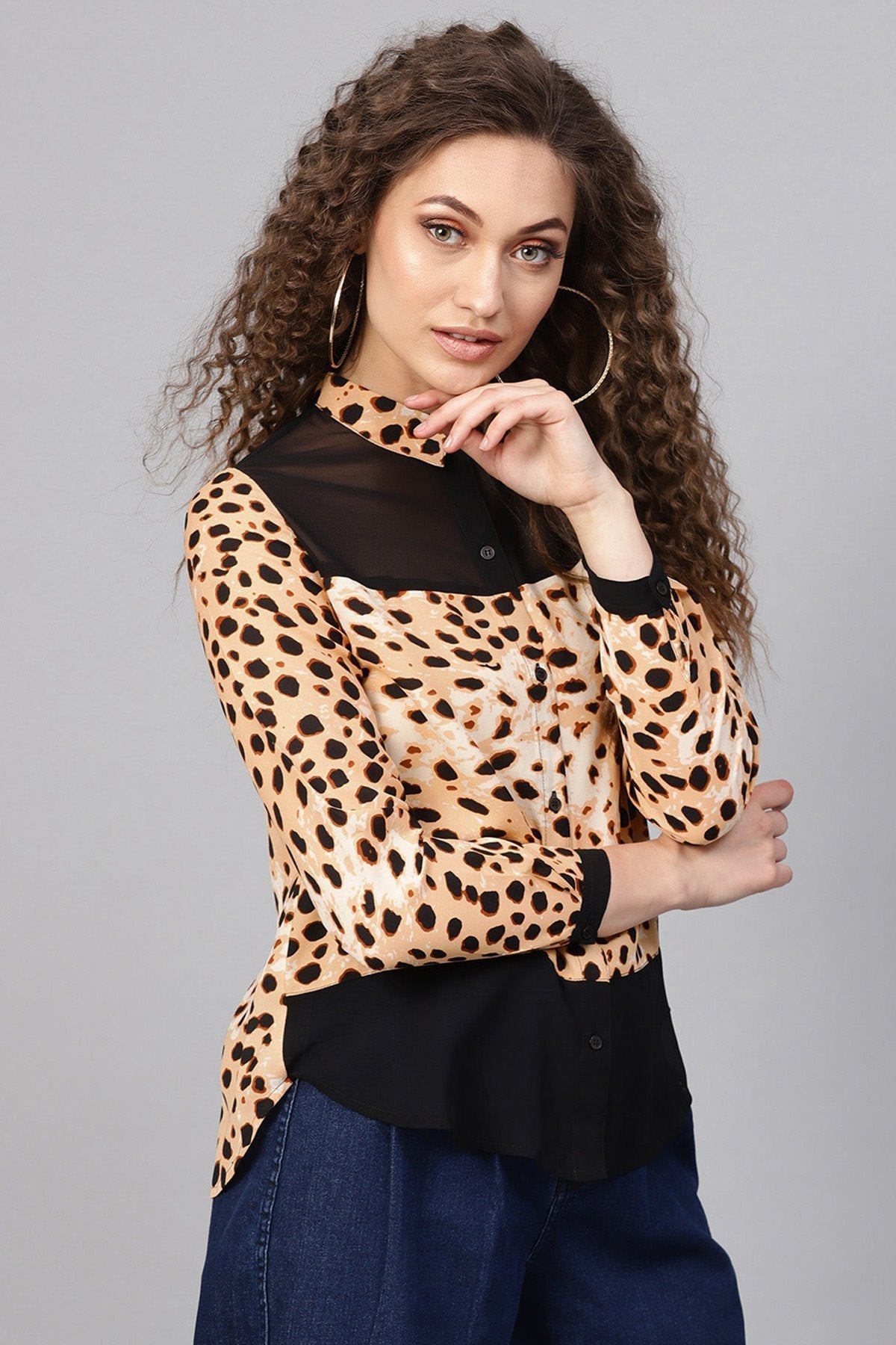 Women's Beige Leopard Wrap Back Shirt - SASSAFRAS