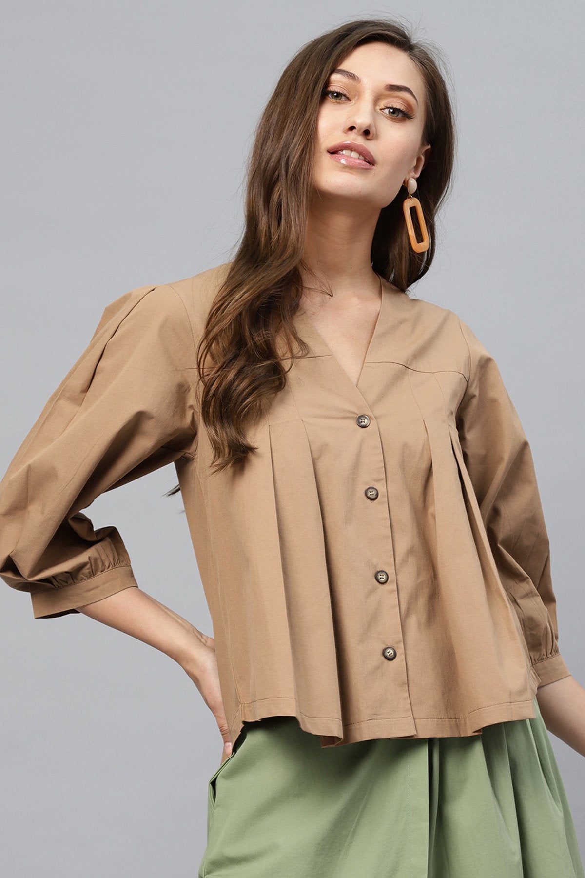 Women's Brown V Neck Front Open Blouse