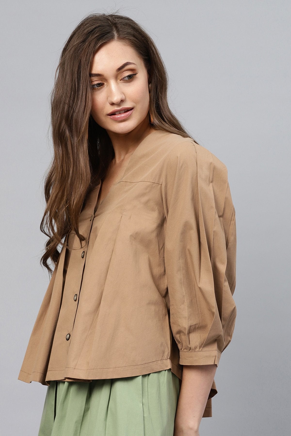 Women's Brown V Neck Front Open Blouse