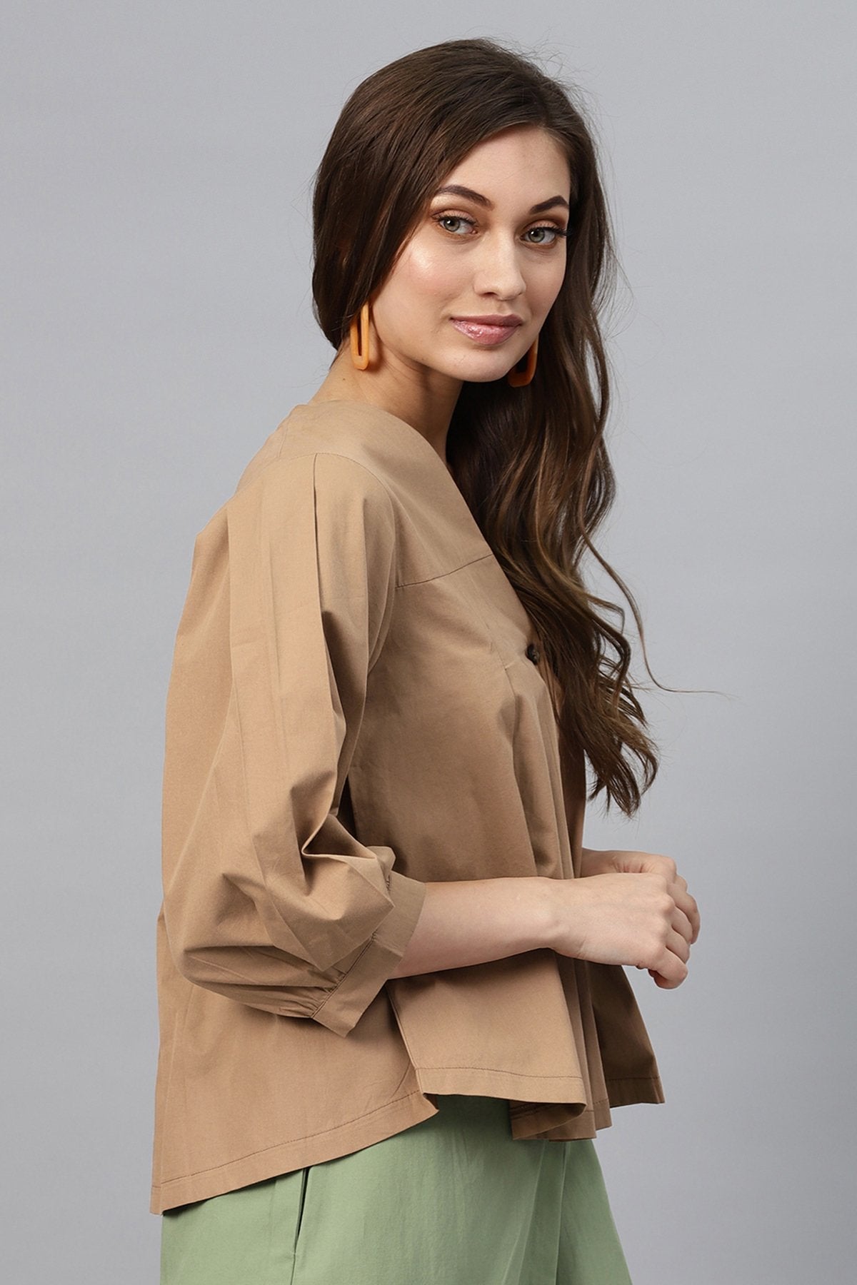 Women's Brown V Neck Front Open Blouse