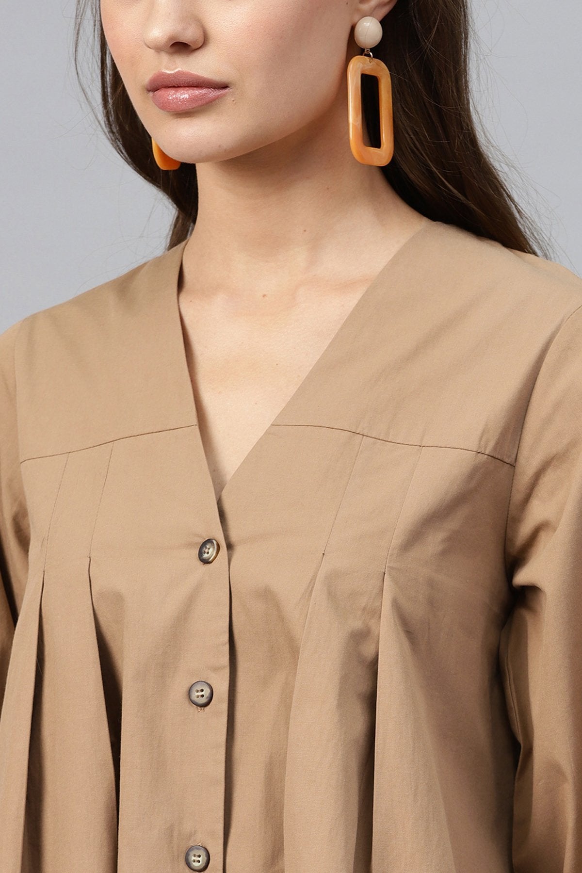 Women's Brown V Neck Front Open Blouse