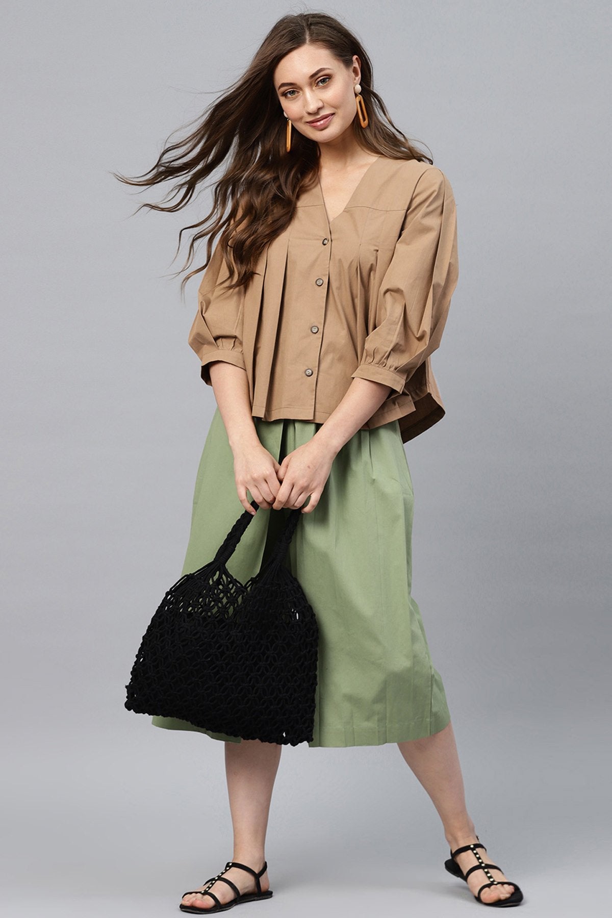 Women's Brown V Neck Front Open Blouse