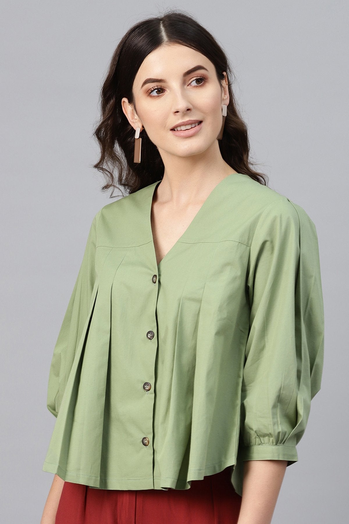 Women's Olive V Neck Front Open Blouse