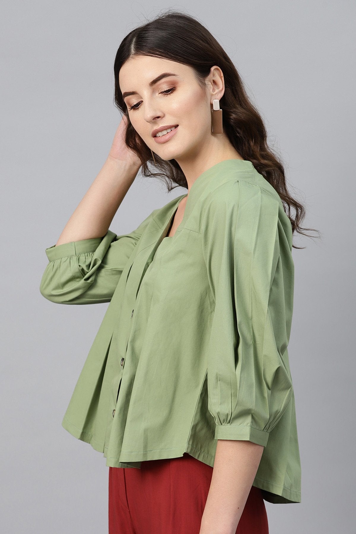 Women's Olive V Neck Front Open Blouse