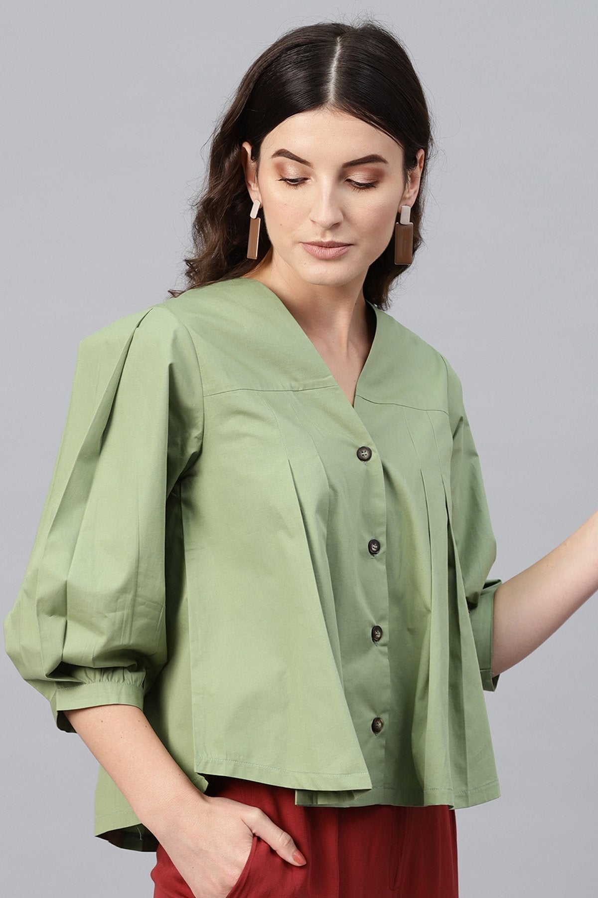 Women's Olive V Neck Front Open Blouse